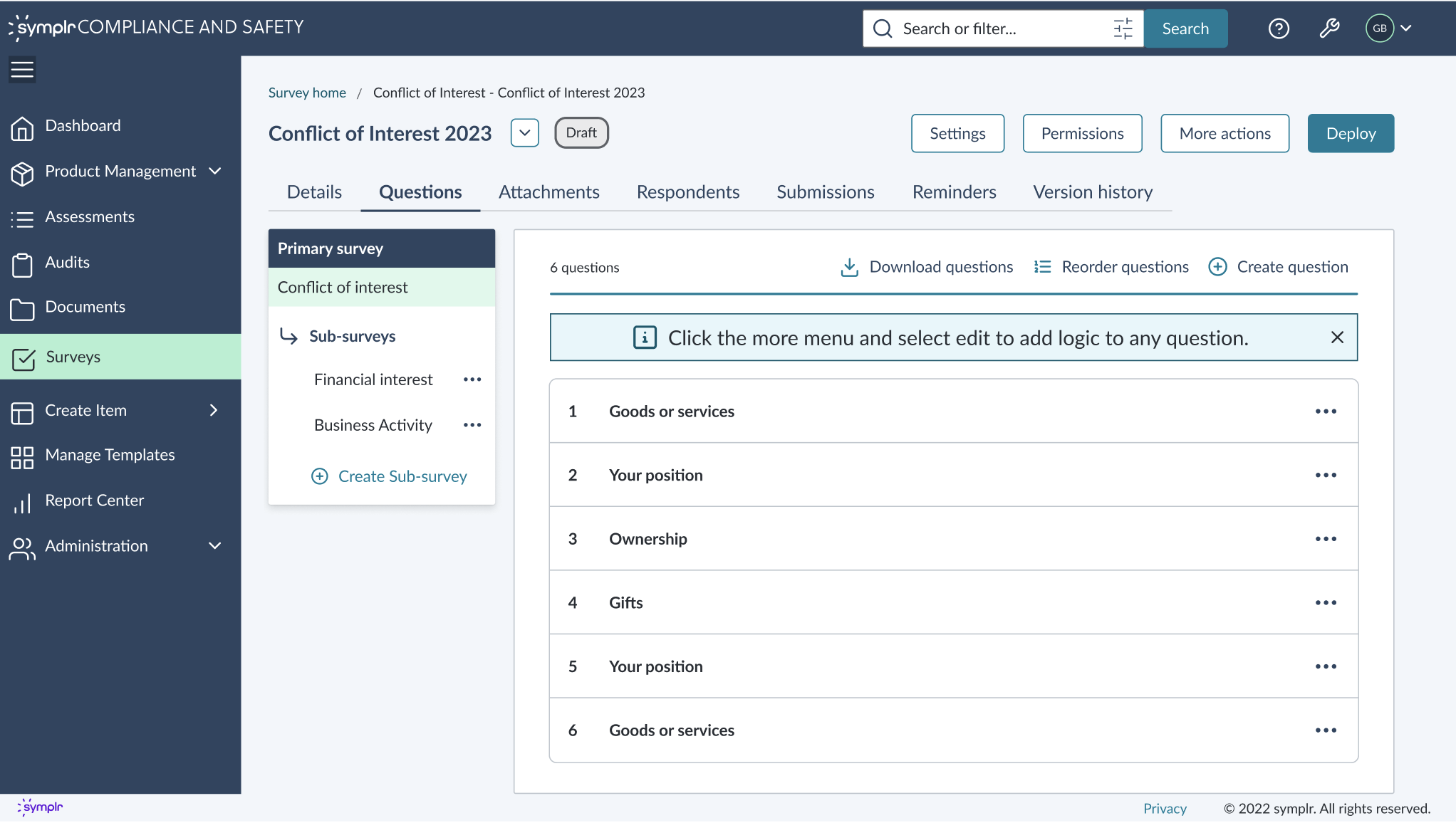 Survey creation tool for Compliance teams