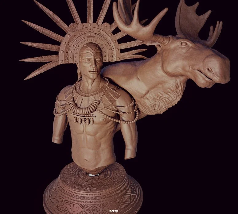 3D sculpture of a human with an ornate headdress and a moose