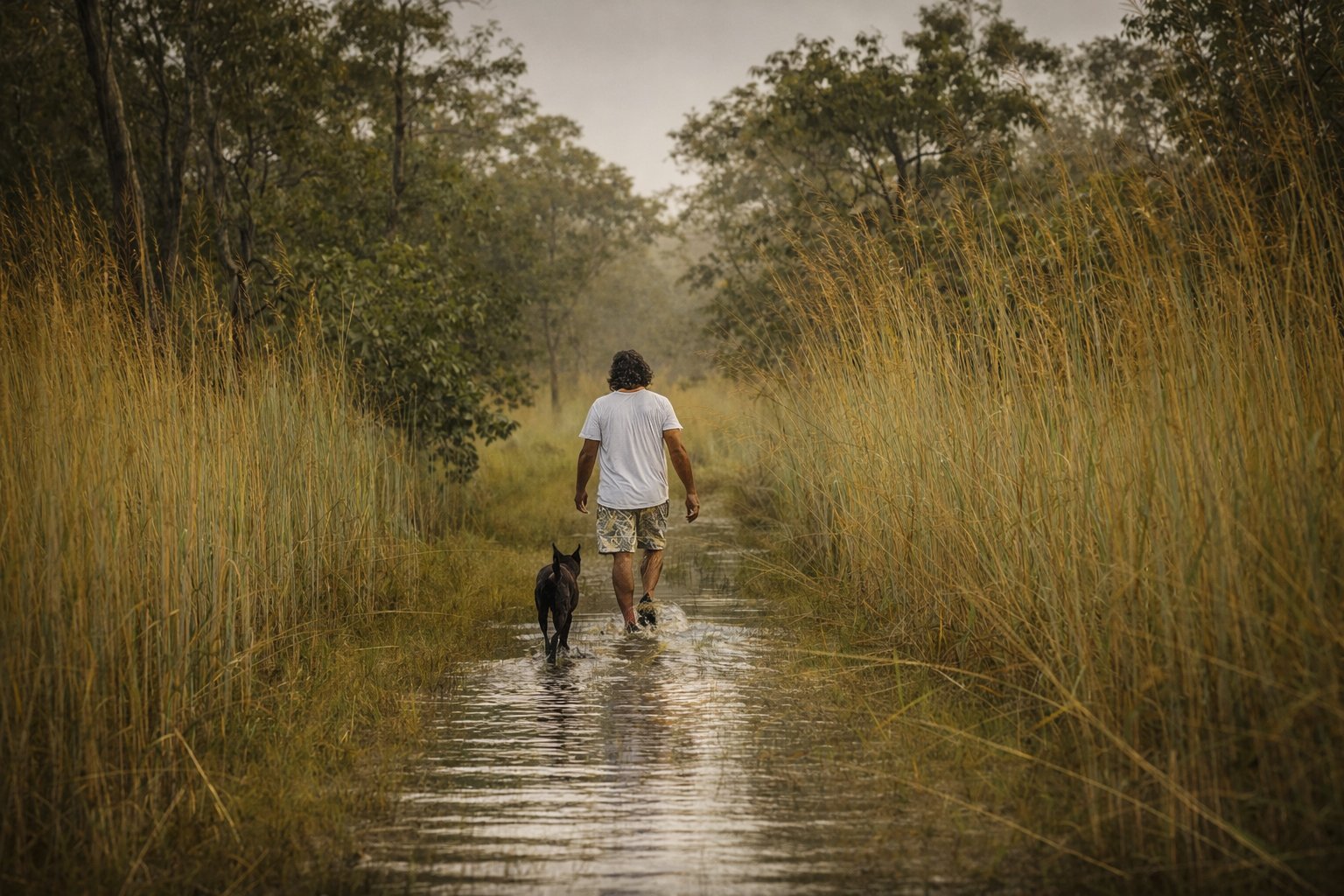 Ben Tyler from Kakadu walking through a flooded path with a dog, surrounded by tall grass and trees on a cloudy, wet season day int he Northern Territory.