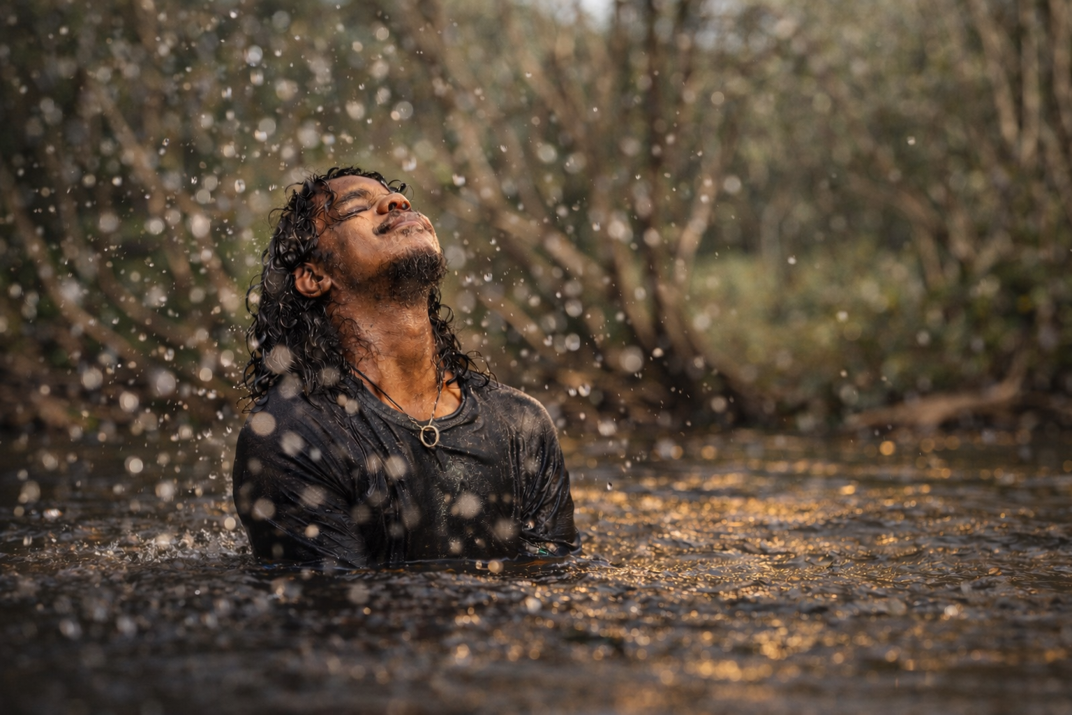 A n Aboriginal man with long curly hair and a beard enjoying and splashing water in a river or stream surrounded by trees.  He is a Wardekken ranger.