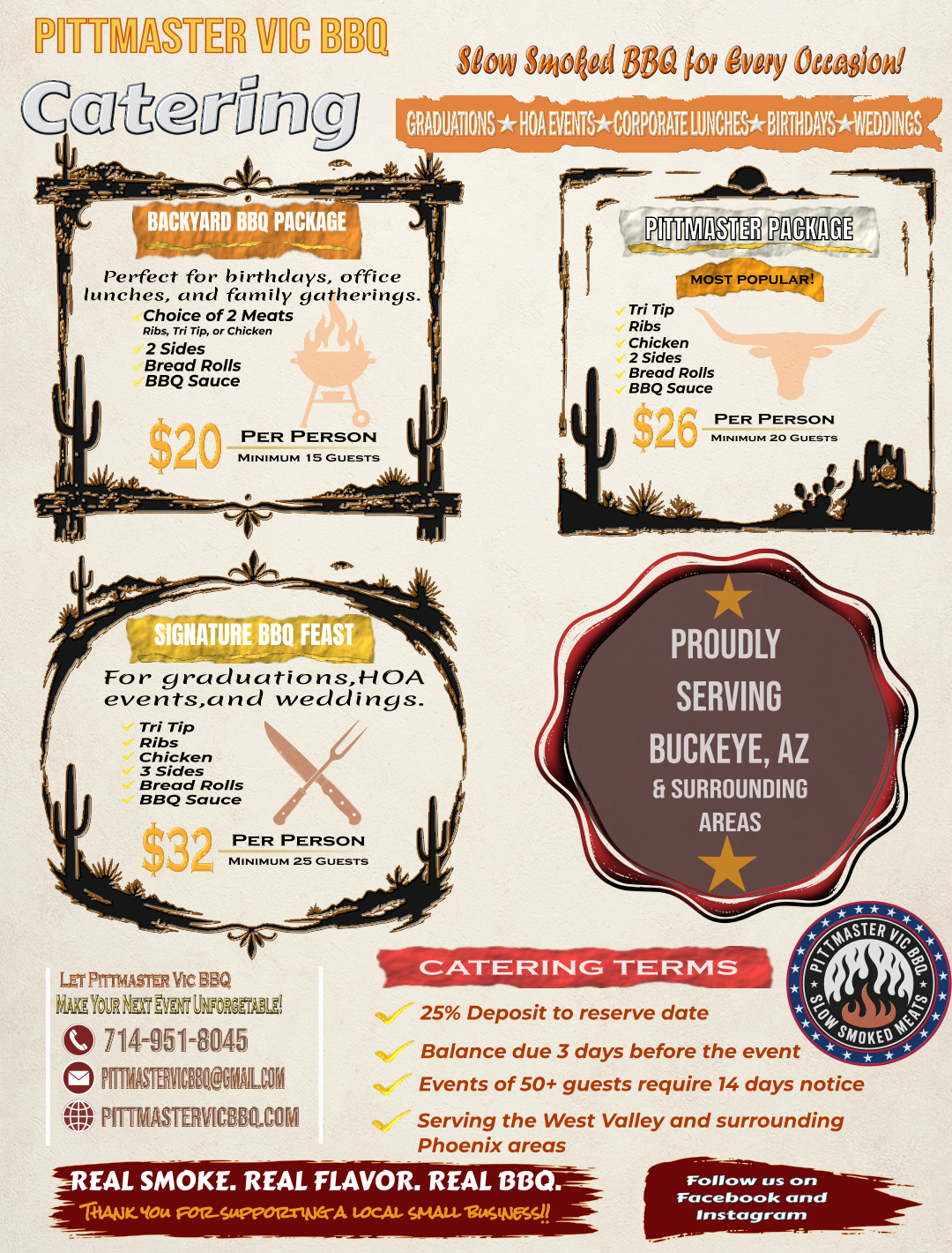 A BBQ catering menu from Pittmaster Vic BBQ featuring three catering options: Backyard BBQ package for $20 per person, Pittmaster package for $26 per person, and Signature BBQ Feast for $32 per person. The menu highlights slow-smoked BBQ for various occasions, with details on minimum guest requirements and catering terms. It includes contact information, a logo, and a note about serving Buckeye, AZ, and surrounding areas.