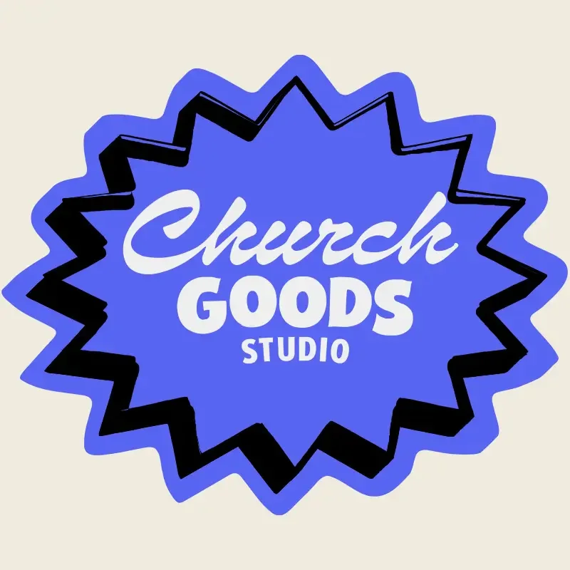 Logo of Church Goods Studio with a jagged blue starburst background and a light blue Discord logo above the text.