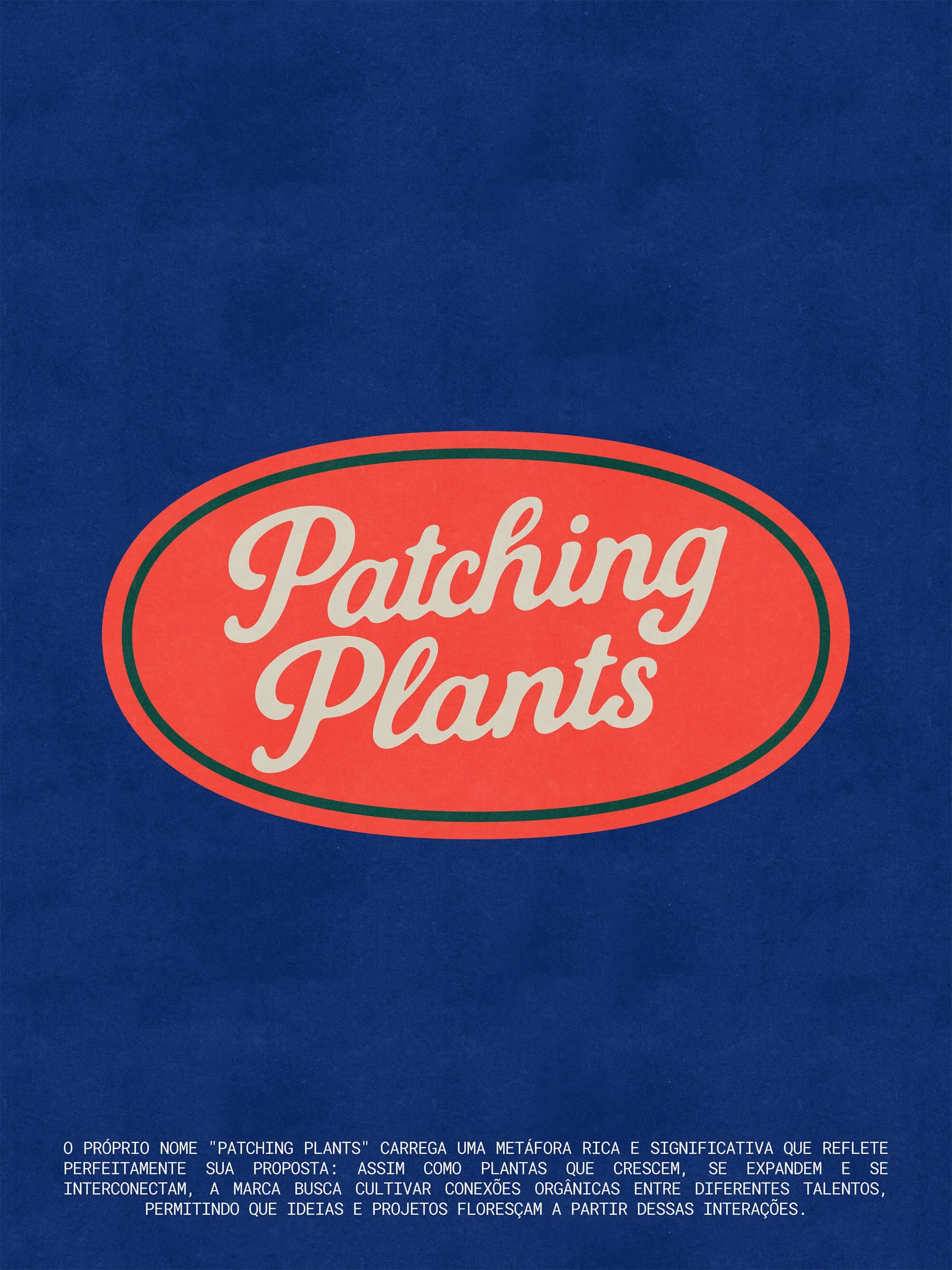 A blue background with a red oval label that reads 'Patching Plants' in white cursive text, and a paragraph of small white text below in Portuguese.