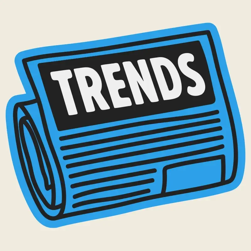 Illustration of a rolled-up newspaper labeled "Trends" on a blue background.