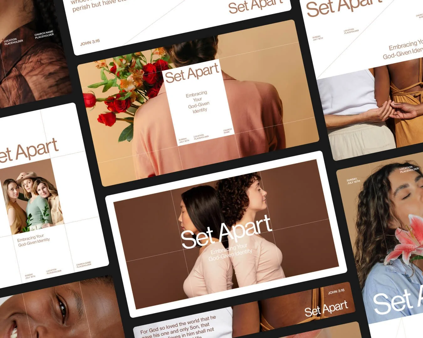 Collage of graphic designs for 'Harvest of the Heart' with red hearts and yellow text on red and blue backgrounds.