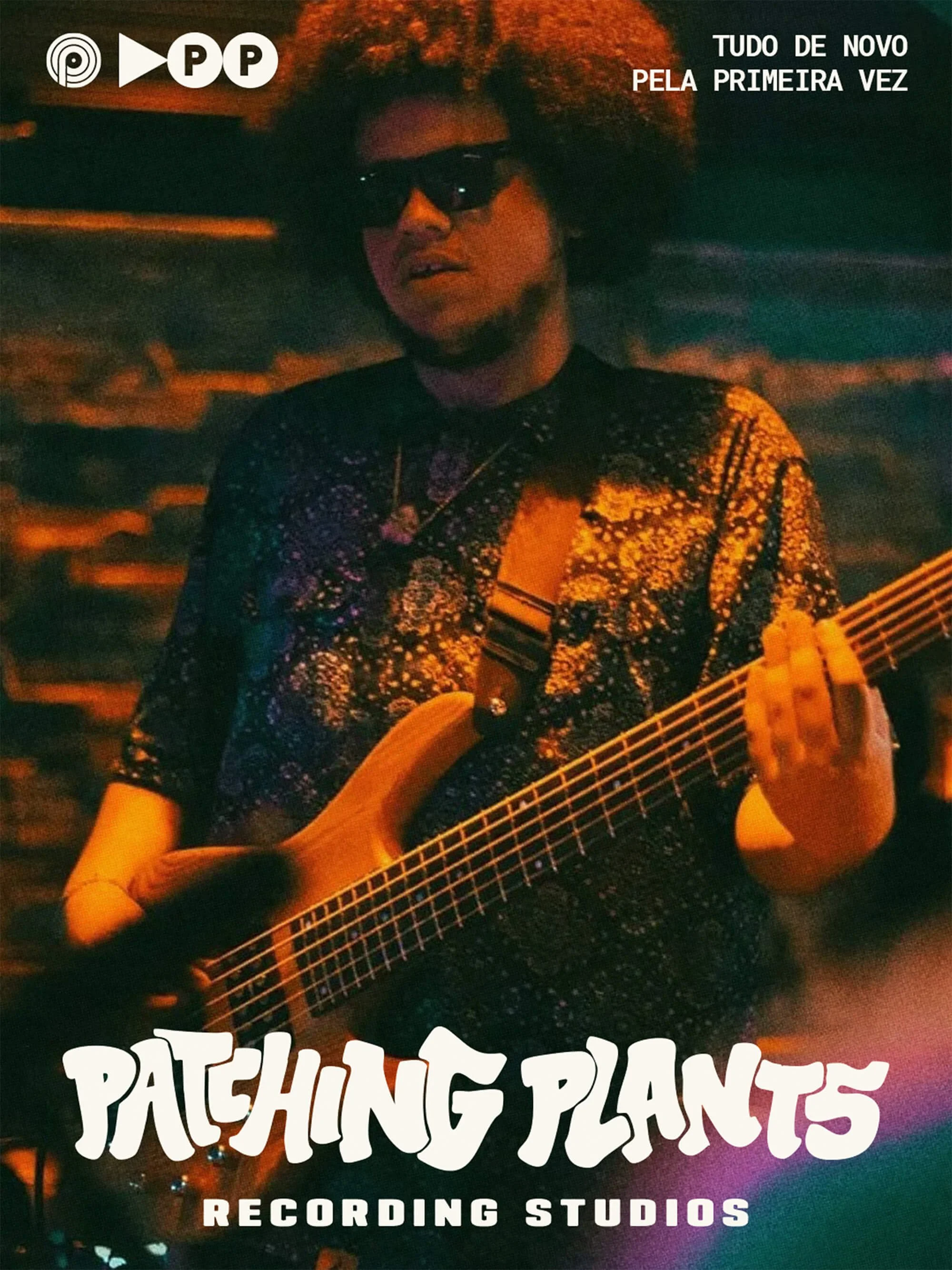 Person with curly hair and sunglasses playing a guitar in a recording studio, with text overlay 'Patching Plants' and 'Recording Studios'.