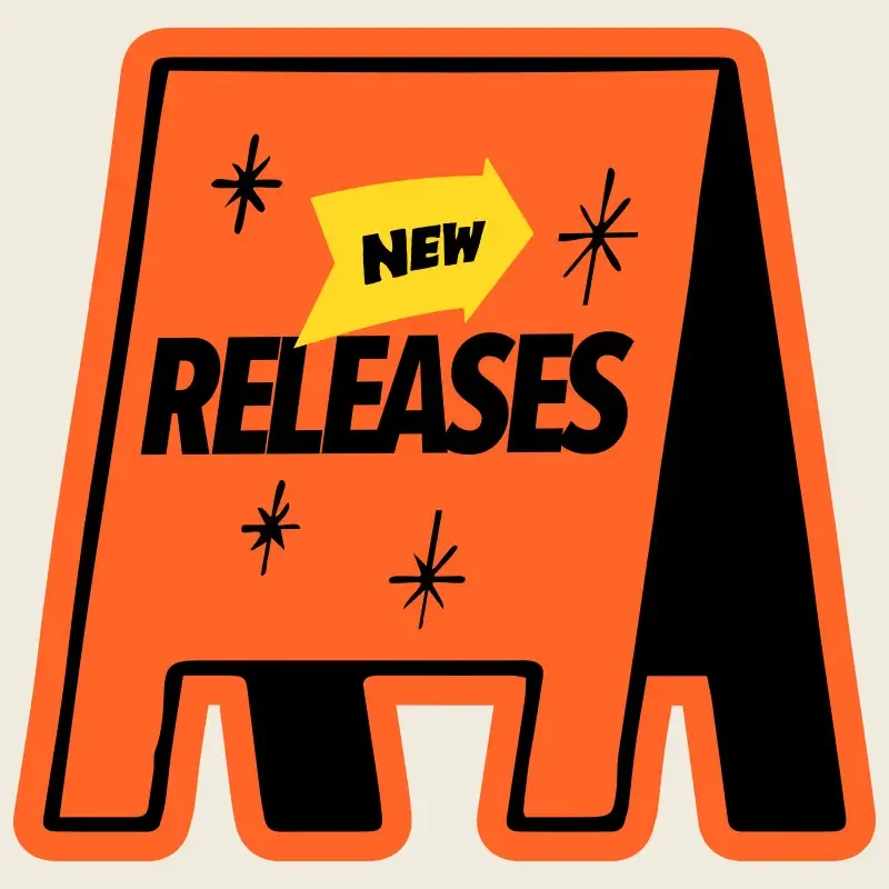 Orange sandwich board sign with "New Releases" and star designs.