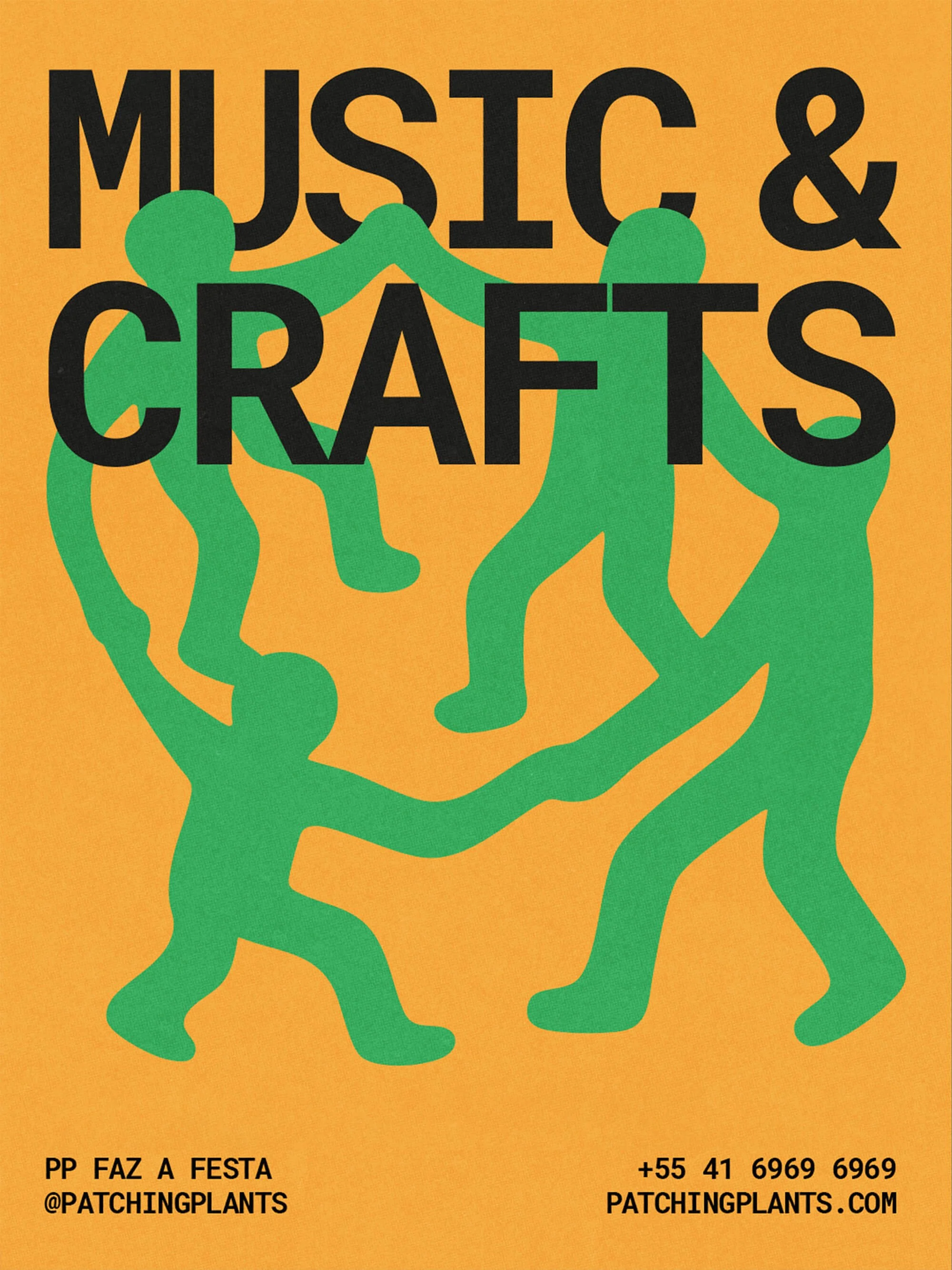 Poster advertising a music and crafts event with green silhouettes of people holding hands and dancing on an orange background, including contact info at the bottom.