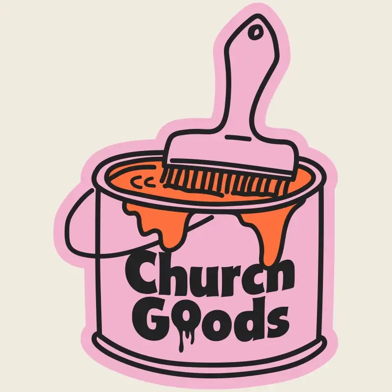 Illustration of a paint can labeled 'Church Goods' with a paintbrush and dripping orange paint on a pink background.