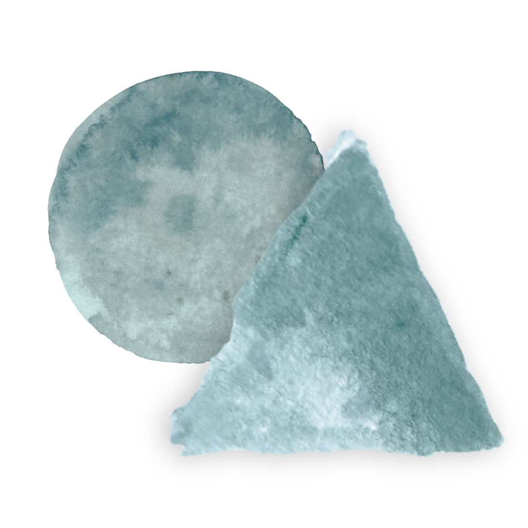 Watercolor painting of a round moon and a triangular mountain or hill against a black background.