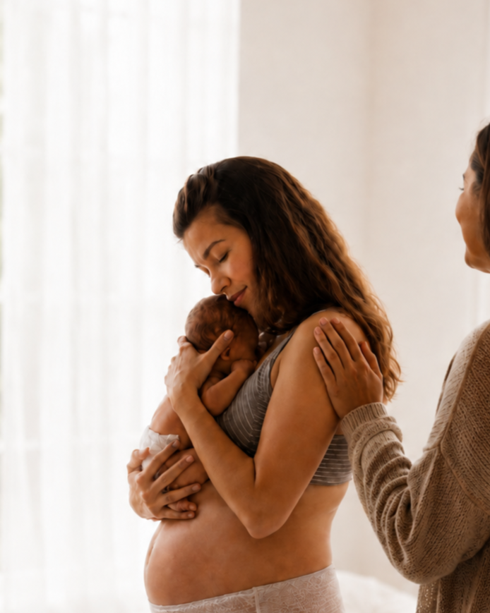 A mother holding her newborn baby close to her chest in a tender moment, with another woman gently touching her shoulder.