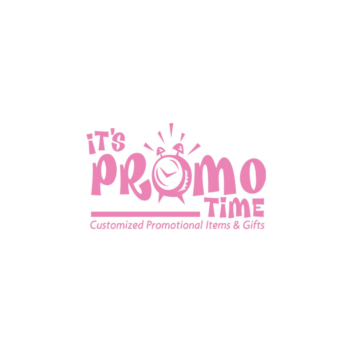 Pink logo for 'It's Promo Time' featuring a clock with rays at the center and the tagline 'Customized Promotional Items & Gifts'.