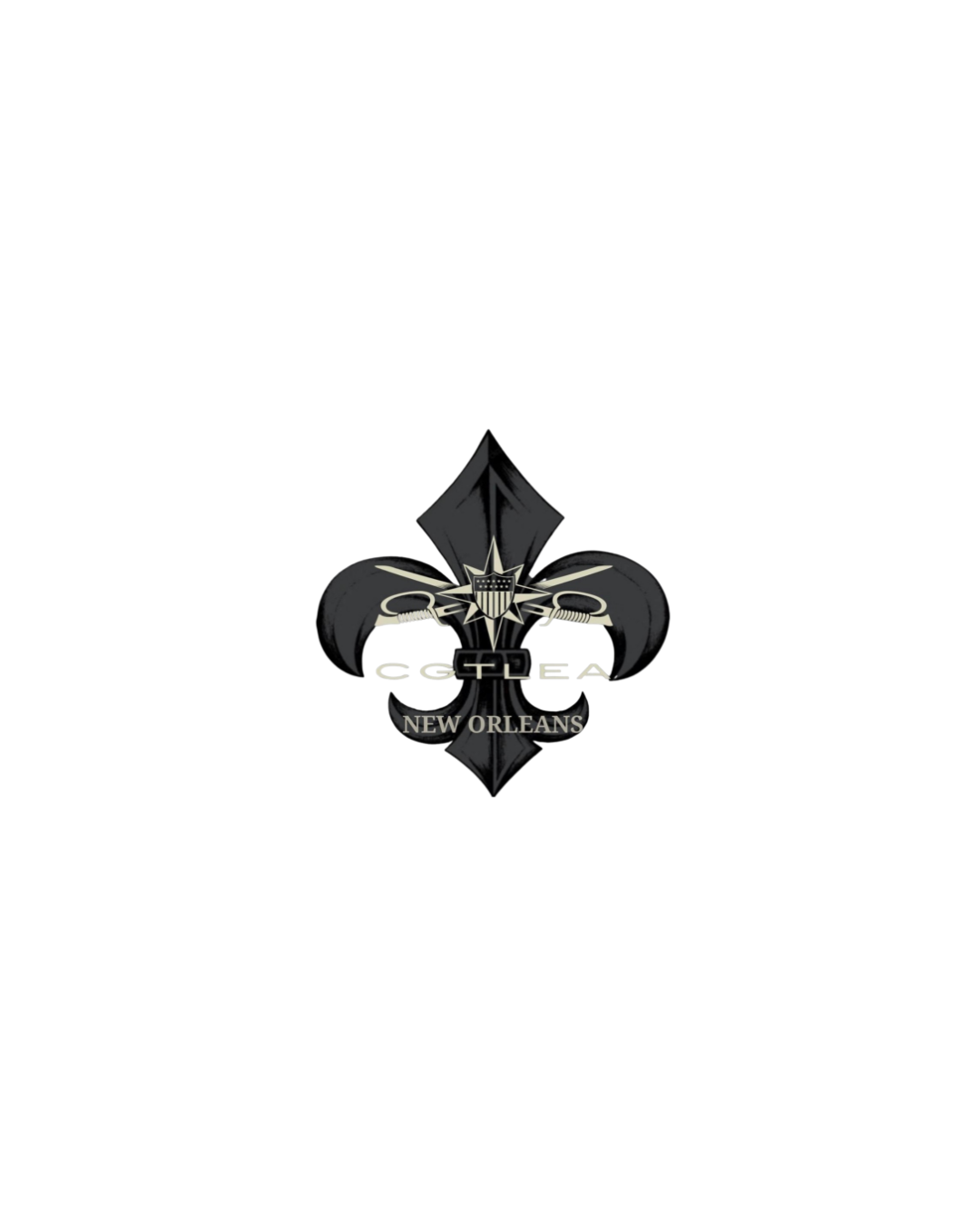 A black background with a beige emblem featuring a shield with stars and stripes, surrounded by two crossed police batons, and a starburst design behind the shield. Below the emblem are the letters 'CGTLEA' in beige.