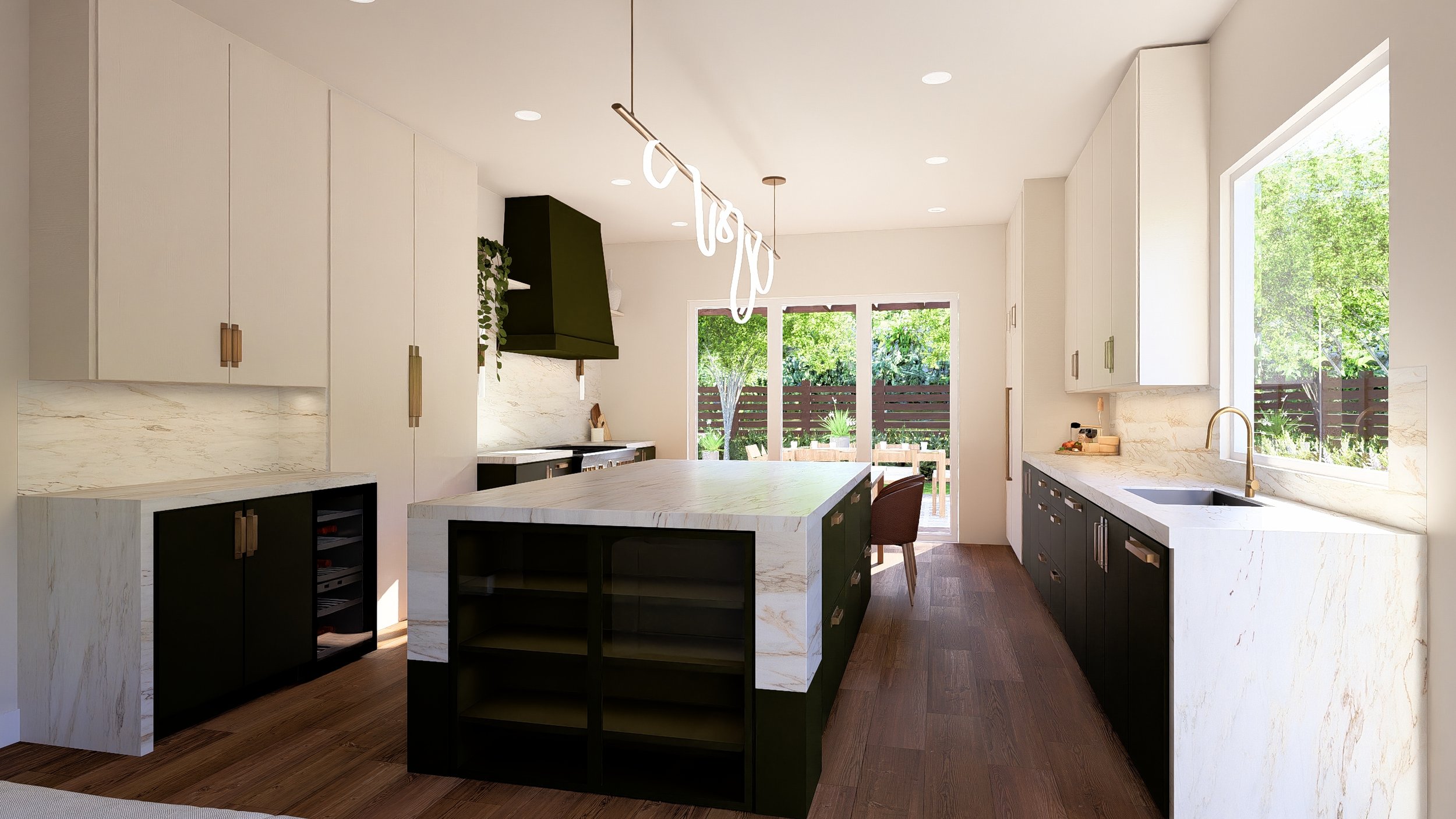 Modern kitchen with white and black cabinets, marble countertops, a kitchen island, wooden flooring, large windows, a sliding glass door, and greenery outside.