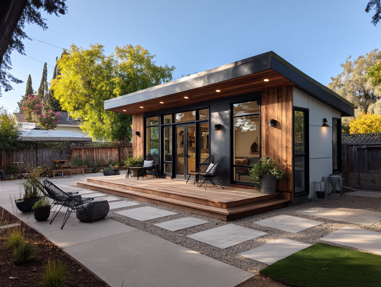 Modern tiny house with a wooden deck, black-framed windows and doors, outdoor seating, surrounded by trees and a landscaped yard.