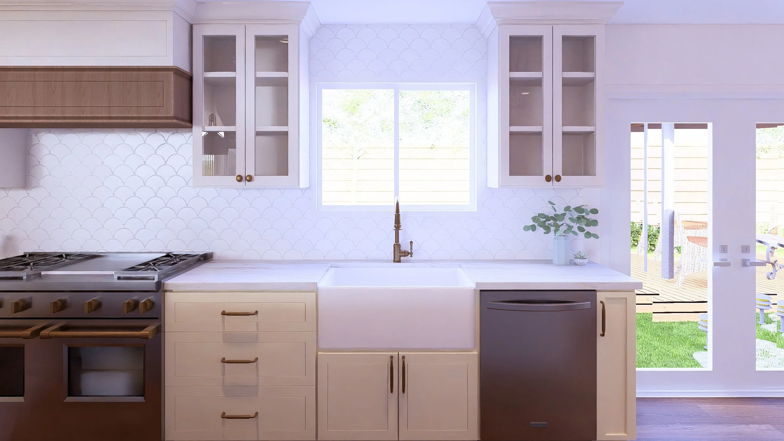 Kitchen with white cabinets, a farmhouse sink, a window above the sink, a stove on the left, and a door leading outside on the right. There are glass-front cabinets above the countertop and a small potted plant with green leaves on the right.