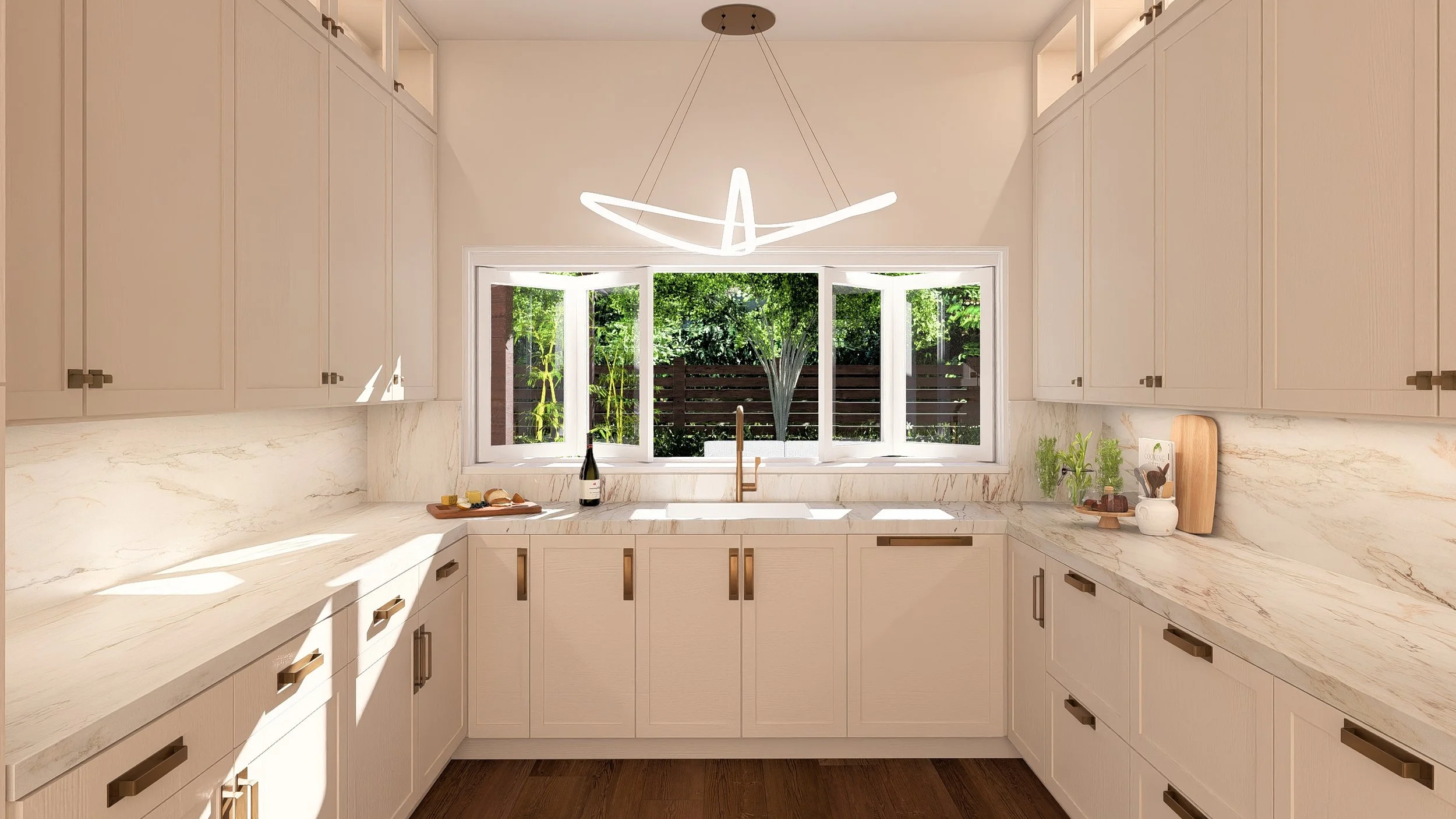 Modern kitchen with white cabinets and marble countertops, large window showing green trees outside, and a stylish ceiling light fixture.