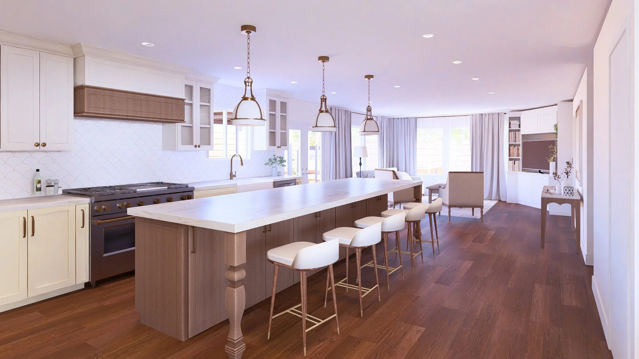 Modern Farmhouse kitchen with a large marble island, yellow white and wood cabinets, pendant lighting, a window, and a sliding glass door leading outside.