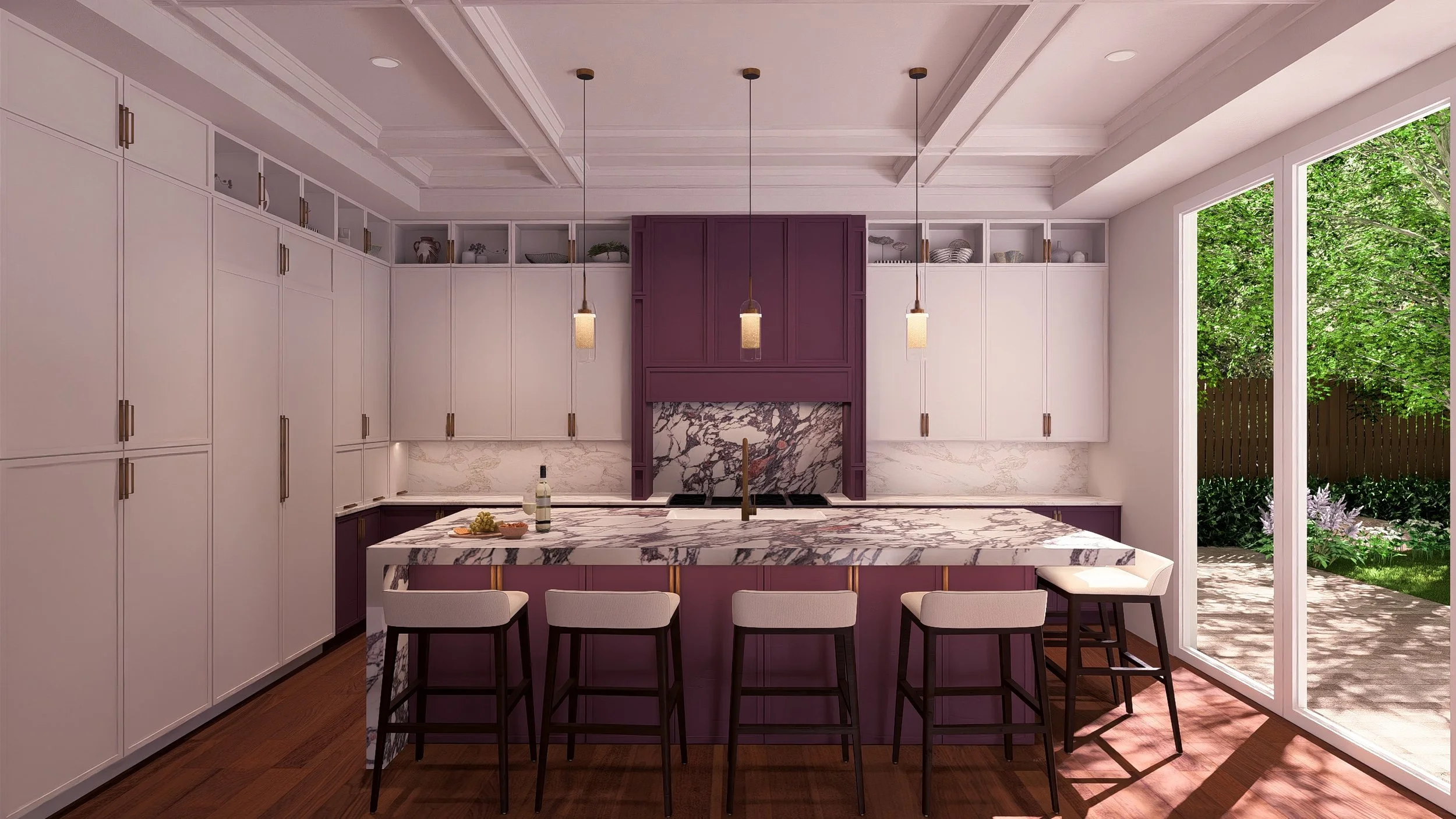 Modern kitchen with white and purple cabinetry, marble countertops and backsplash, hanging pendant lights, kitchen island with barstools, and large sliding glass doors opening to a backyard with green trees.