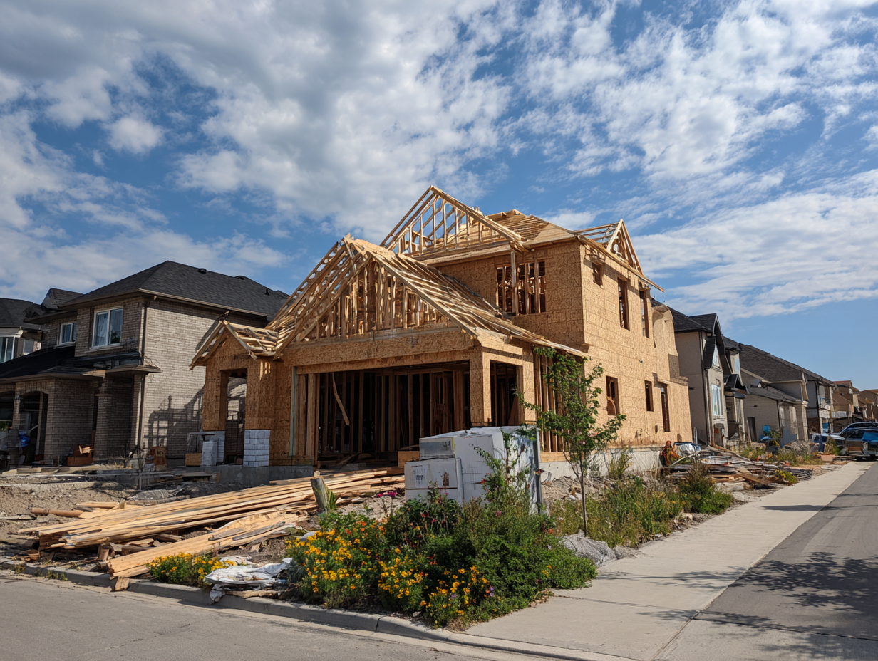 A house under construction with a wooden framework, surrounded by neighboring finished houses, on a clear day with blue sky and clouds.