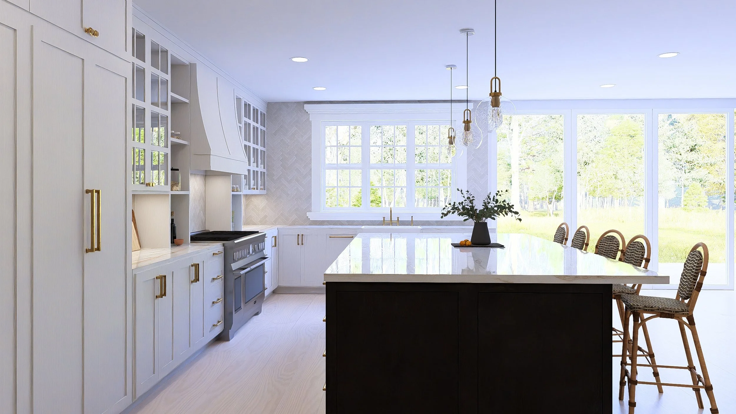 Modern kitchen with white cabinets, a black island, a large window, and outdoor scenery.
