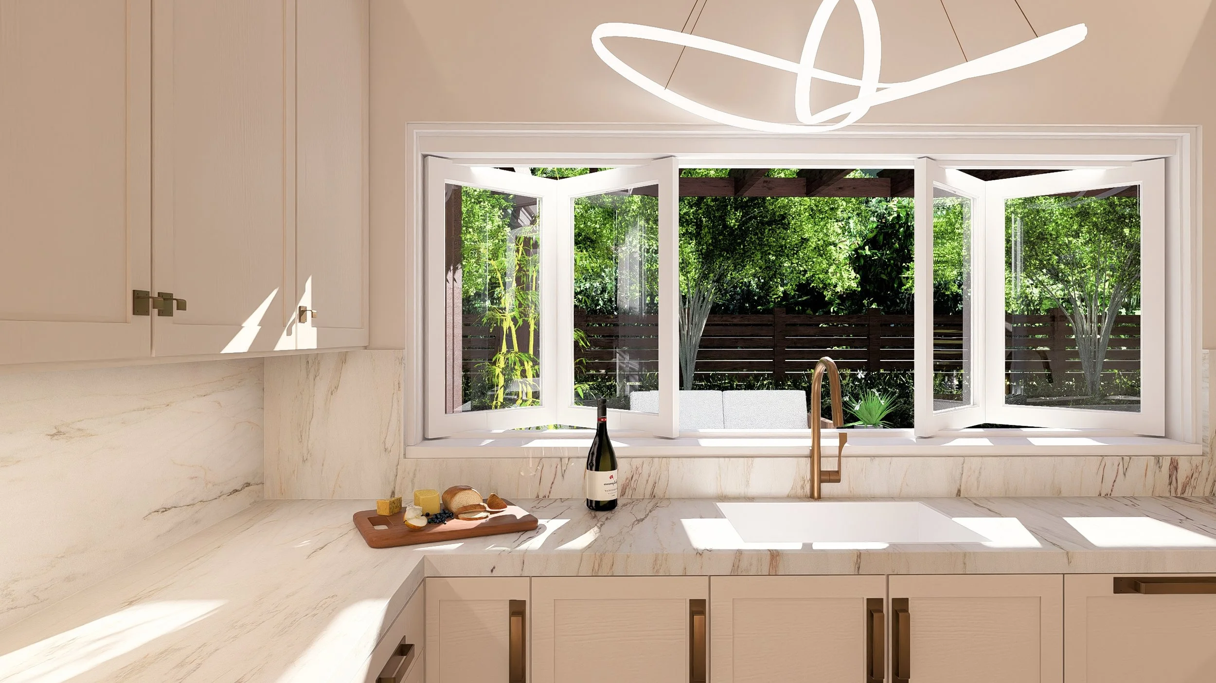 Kitchen with marble countertops and cabinets, open window showing green backyard with trees and wooden fence, bottle of wine and cheese on counter.