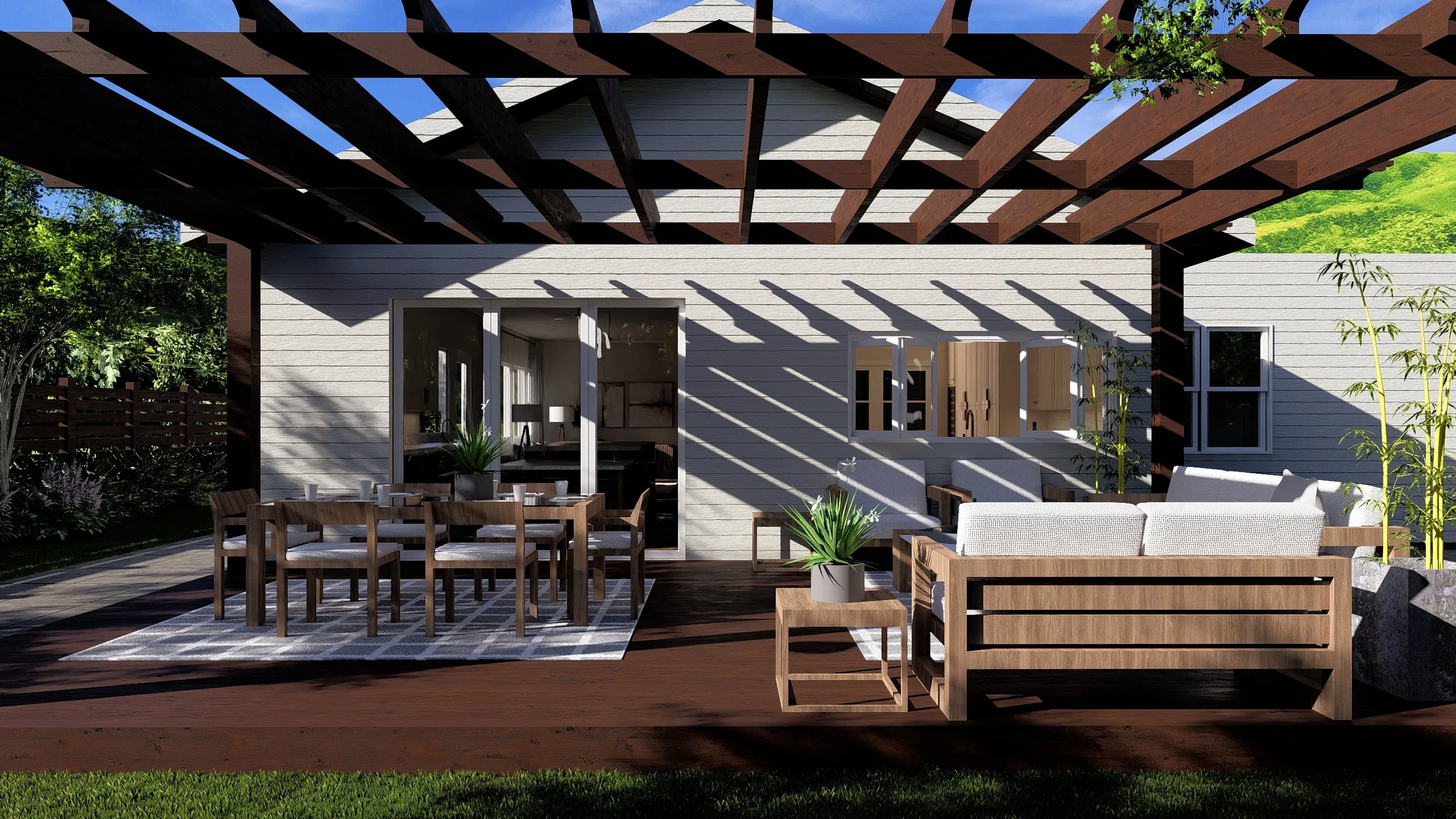 Outdoor patio with wooden pergola, dining table with chairs, white cushioned sofa, plants, and view of house with open windows and garden.