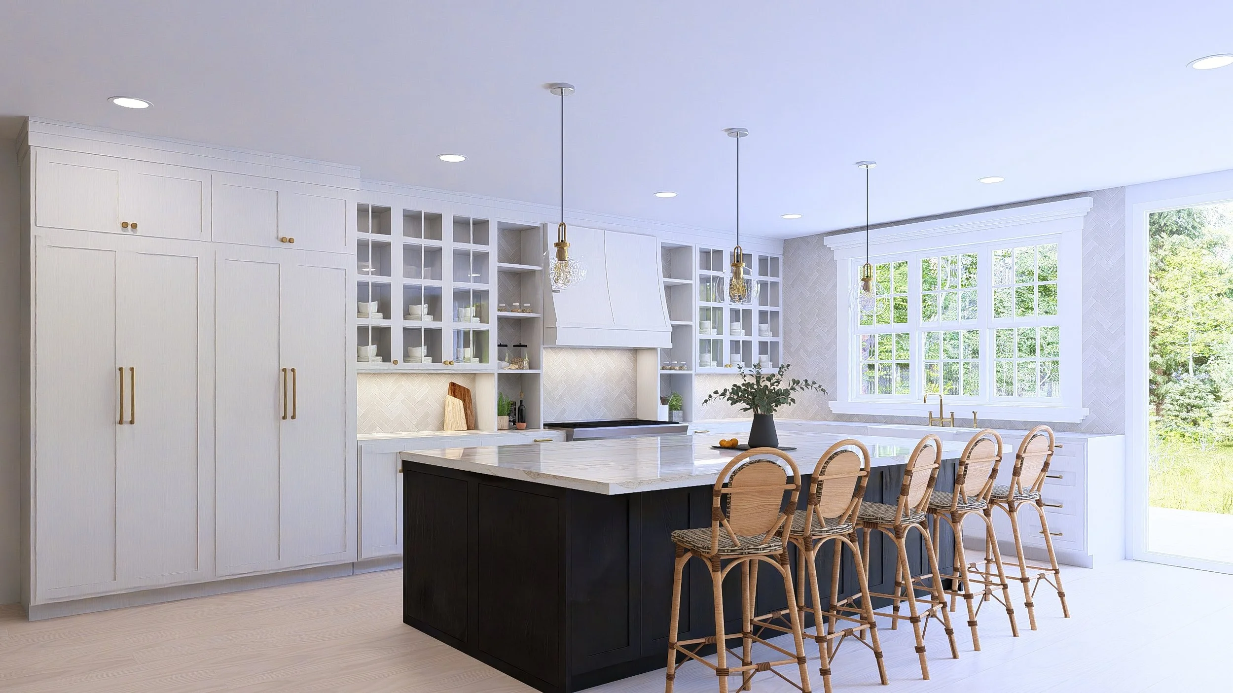 Modern kitchen with white cabinetry, a large marble island with a black base, and wooden bar stools. Large window with a view of greenery. Pendant lights hanging above the island.