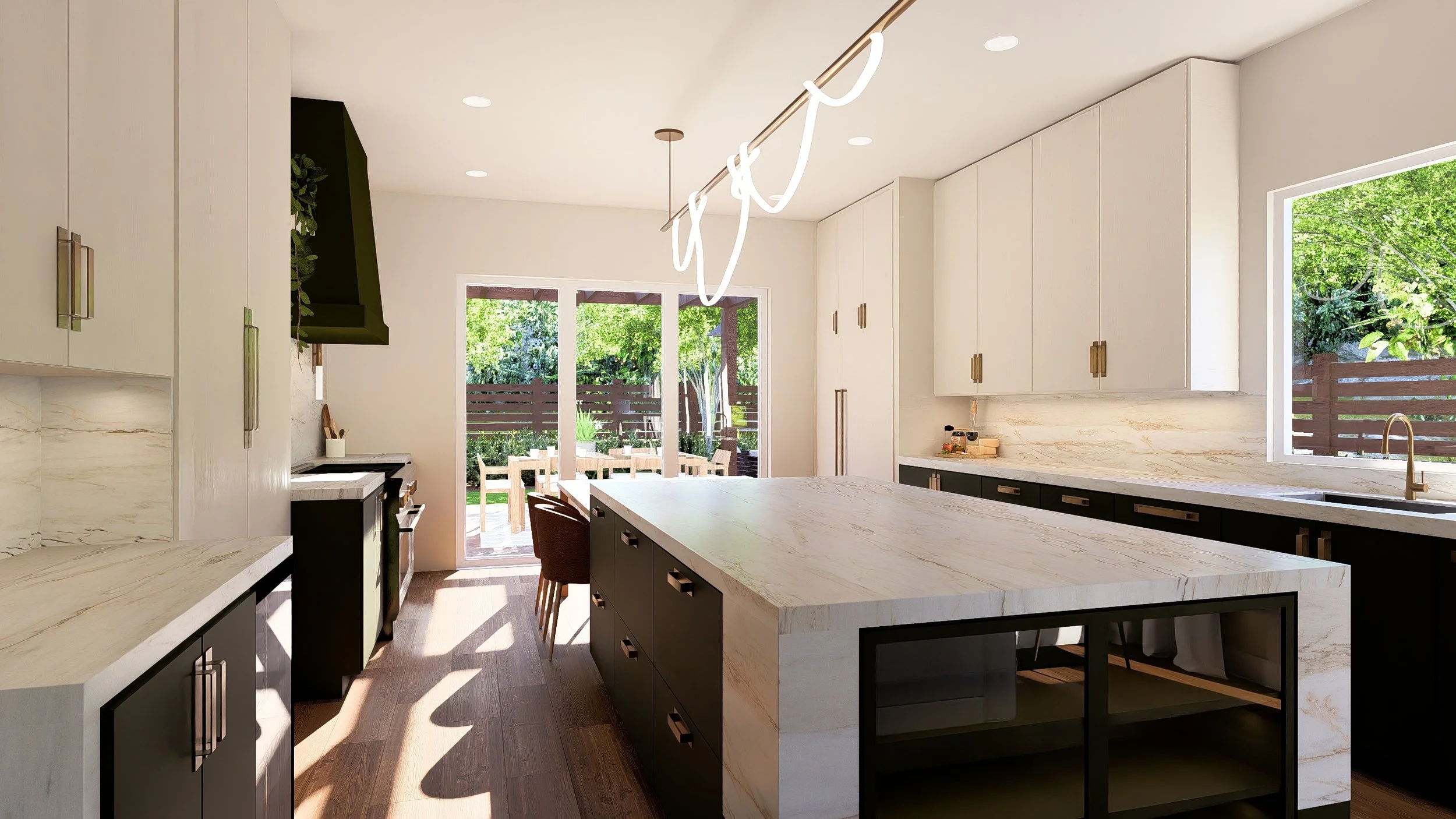Modern kitchen with white and dark cabinetry, marble countertops, large island, and a view of a backyard patio with outdoor furniture.