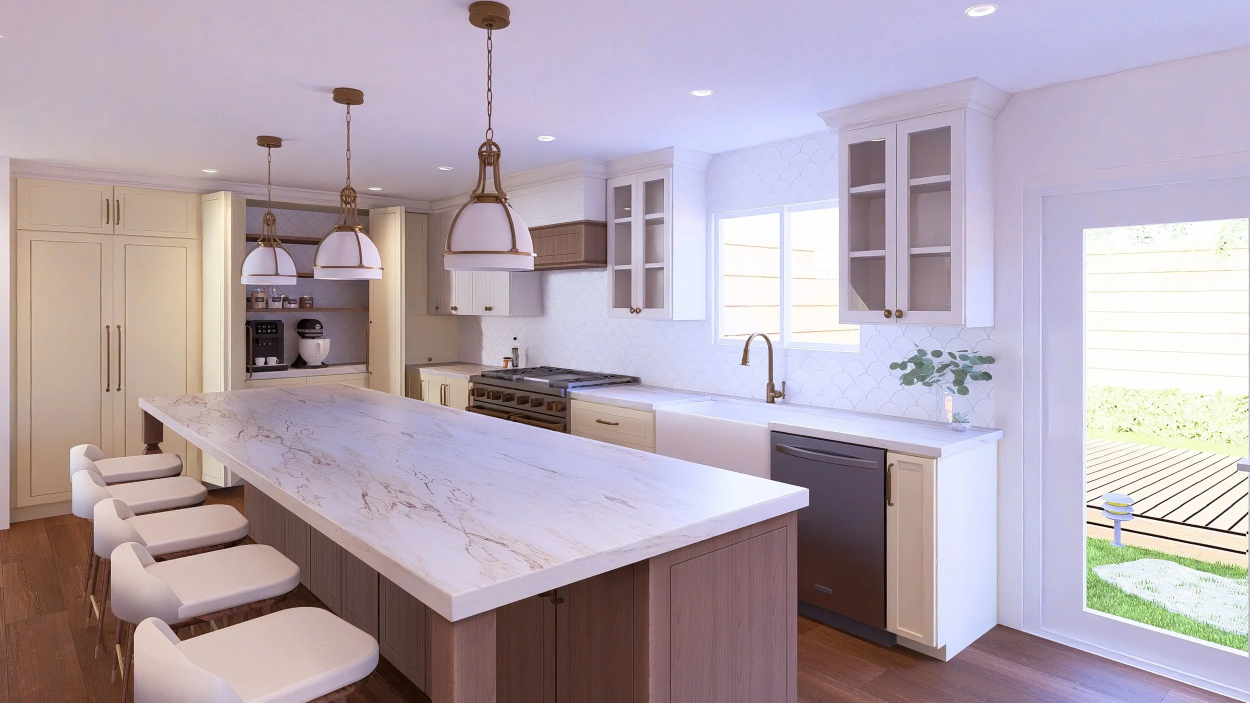 Modern Farmhouse kitchen with a large marble island, yellow white and wood cabinets, pendant lighting, a window, and a sliding glass door leading outside.