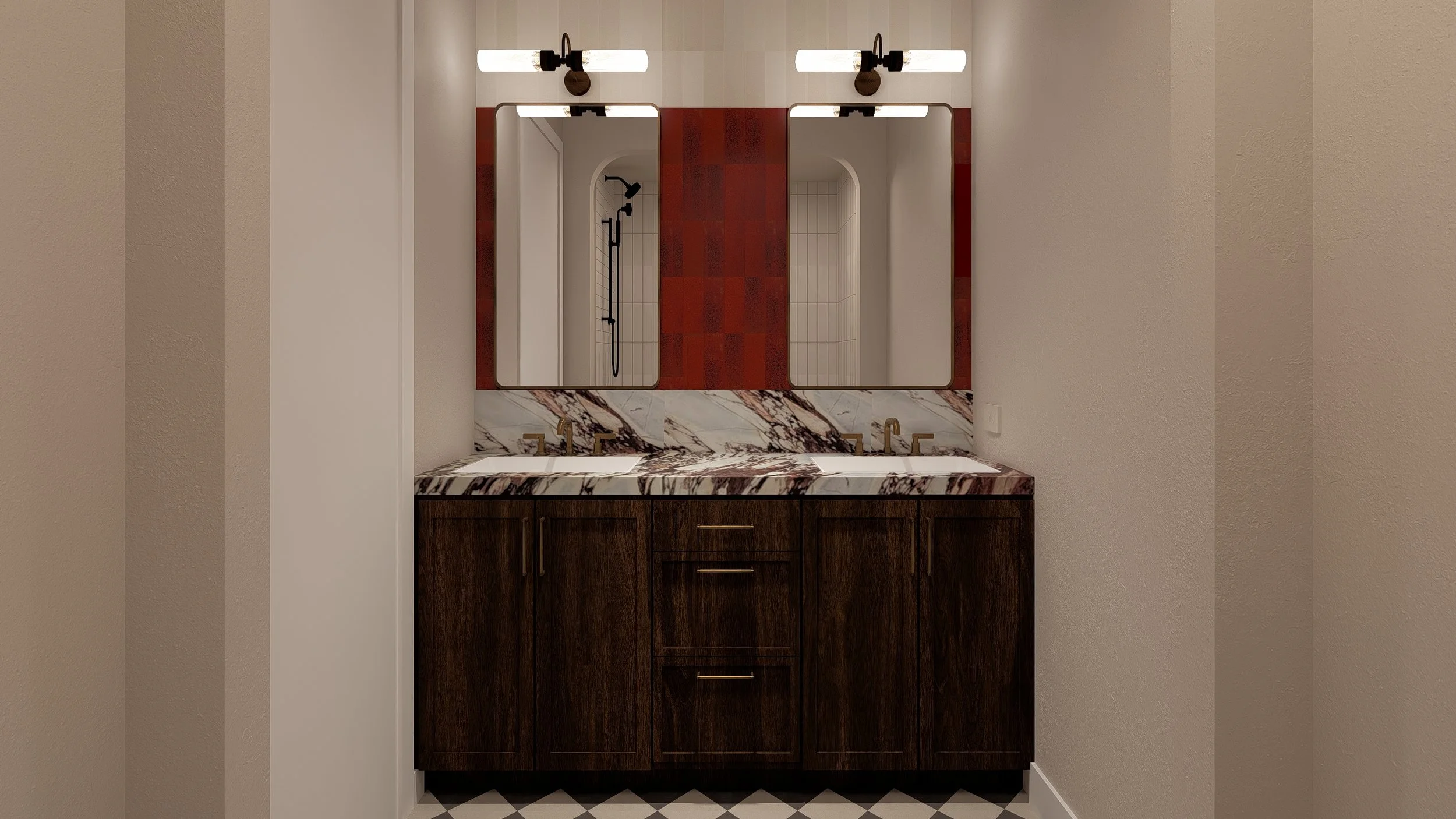 Modern bathroom vanity with dark wood cabinet, marble countertop, brass fixtures, large mirrors, and wall-mounted lights, with a shower reflection in the mirrors.