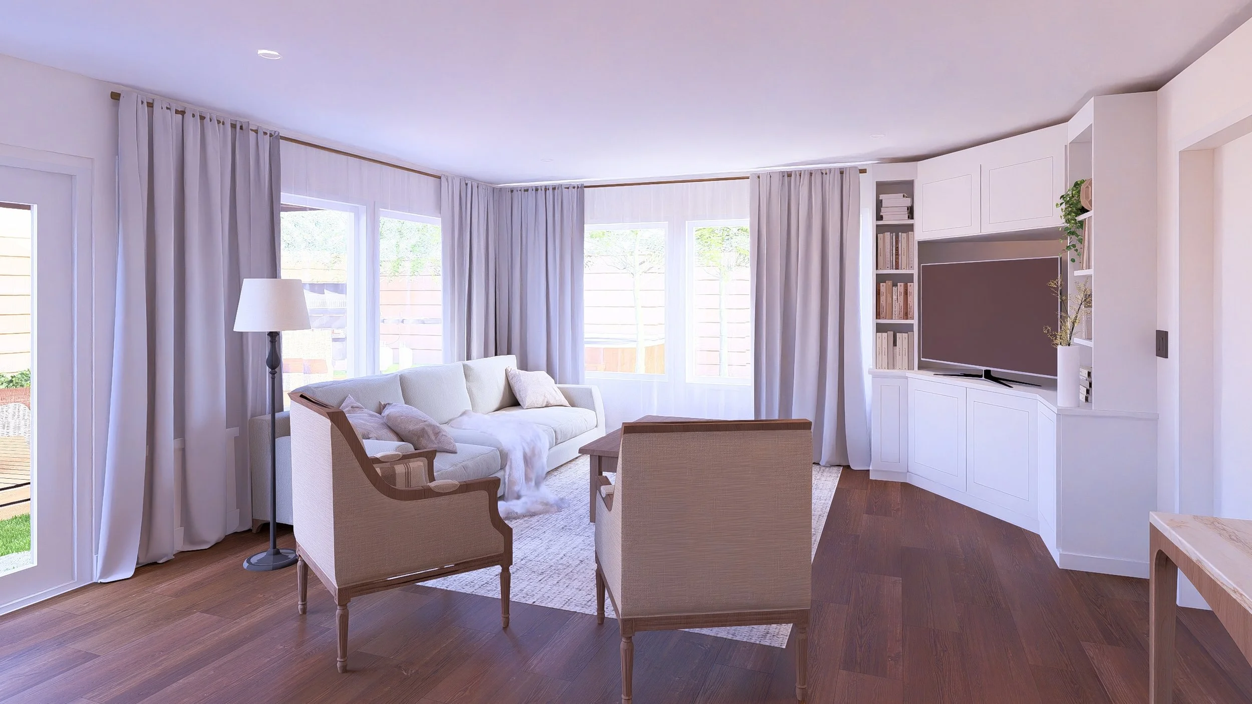 Bright living room with white curtains, white sofa, wooden armchairs, a standing lamp, a TV with white cabinetry, and hardwood floors