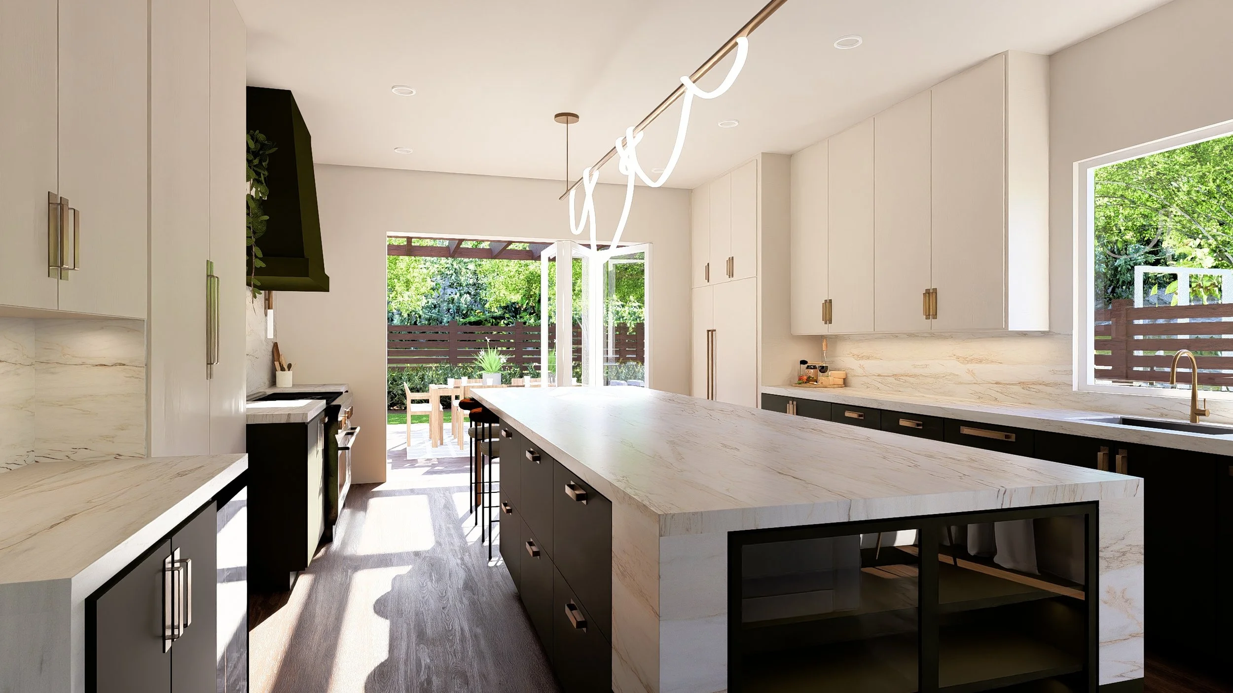 Modern kitchen with large island, white marble countertops, white cabinets, and black lower cabinets. Open to outdoor dining area with wooden table and chairs, surrounded by trees and fence.