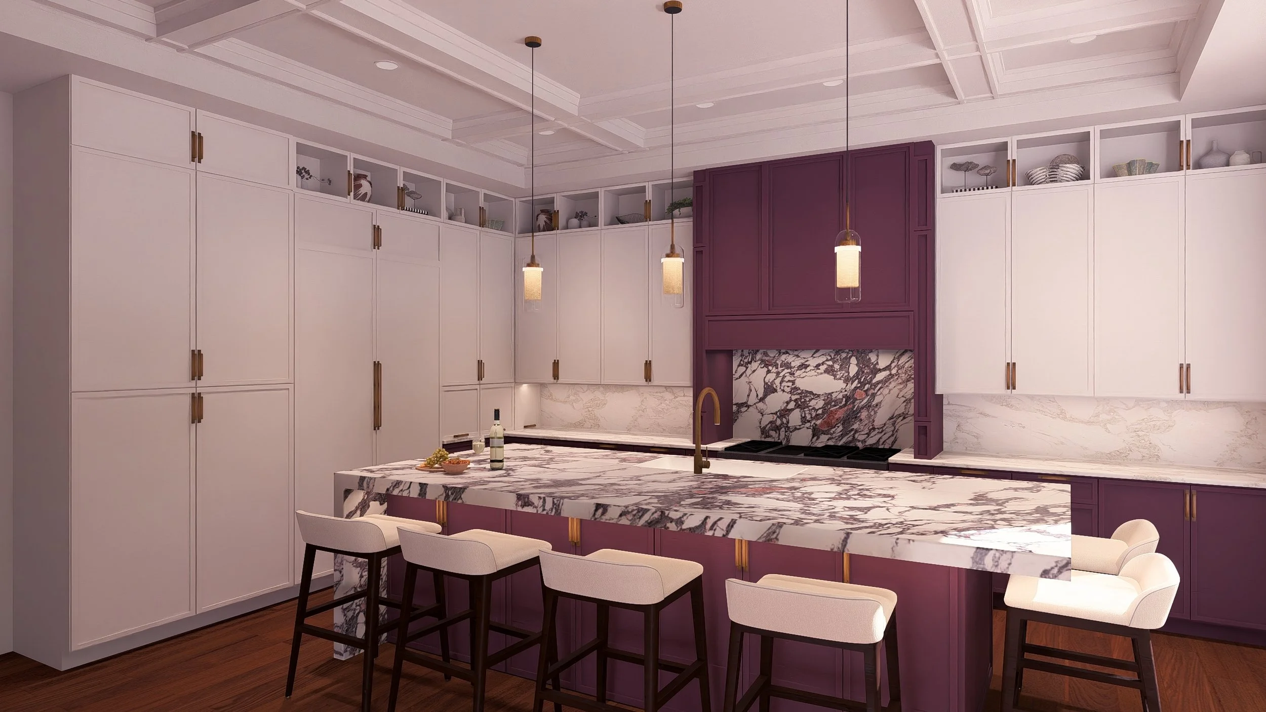Modern kitchen with white and purple cabinetry, marble countertops and backsplash, five barstools, and hanging pendant lights.