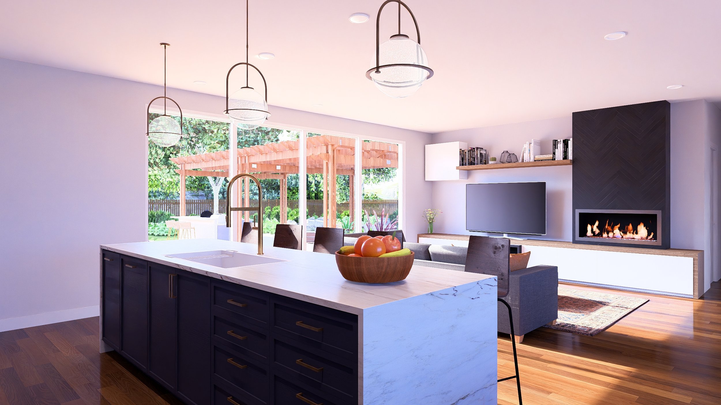 Open-concept living room and kitchen with large window, modern fireplace, TV, and dining area with chairs and a bowl of fruit on the island.