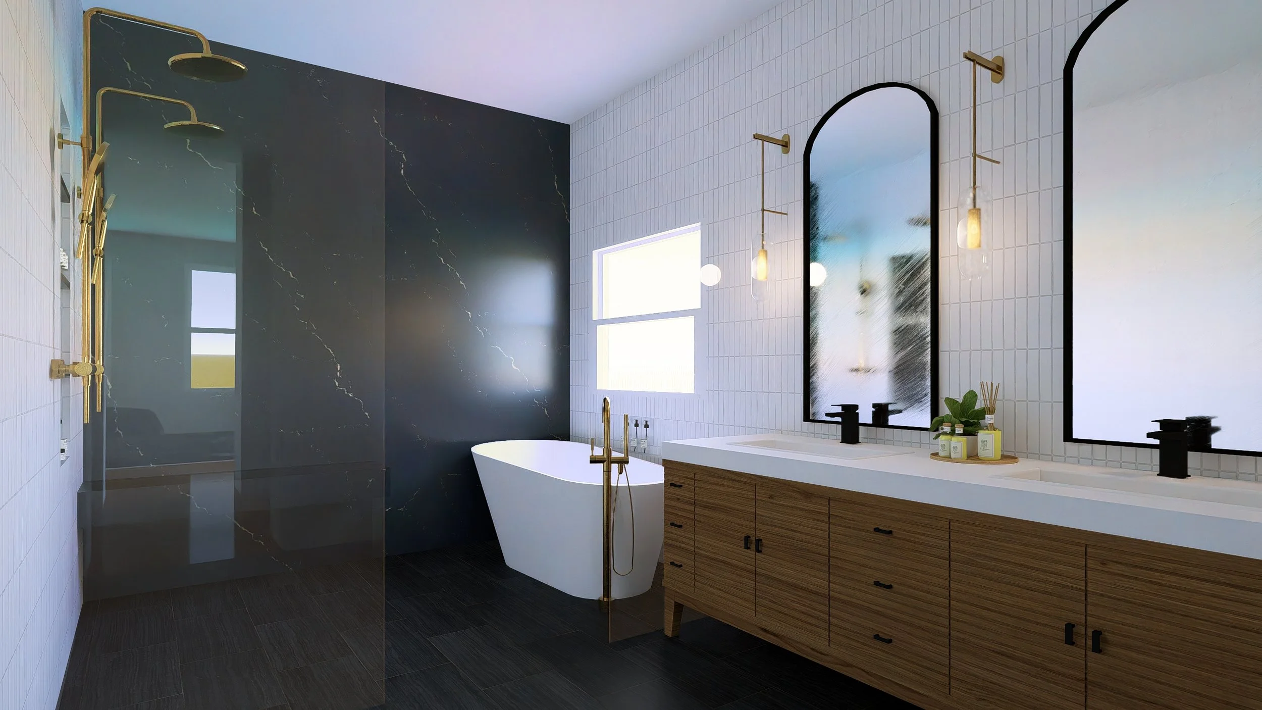 Modern bathroom with a freestanding bathtub, double sink vanity with black faucets, and large mirrors. The bathroom features black marble and white tile walls, gold fixtures, and dark wood flooring.