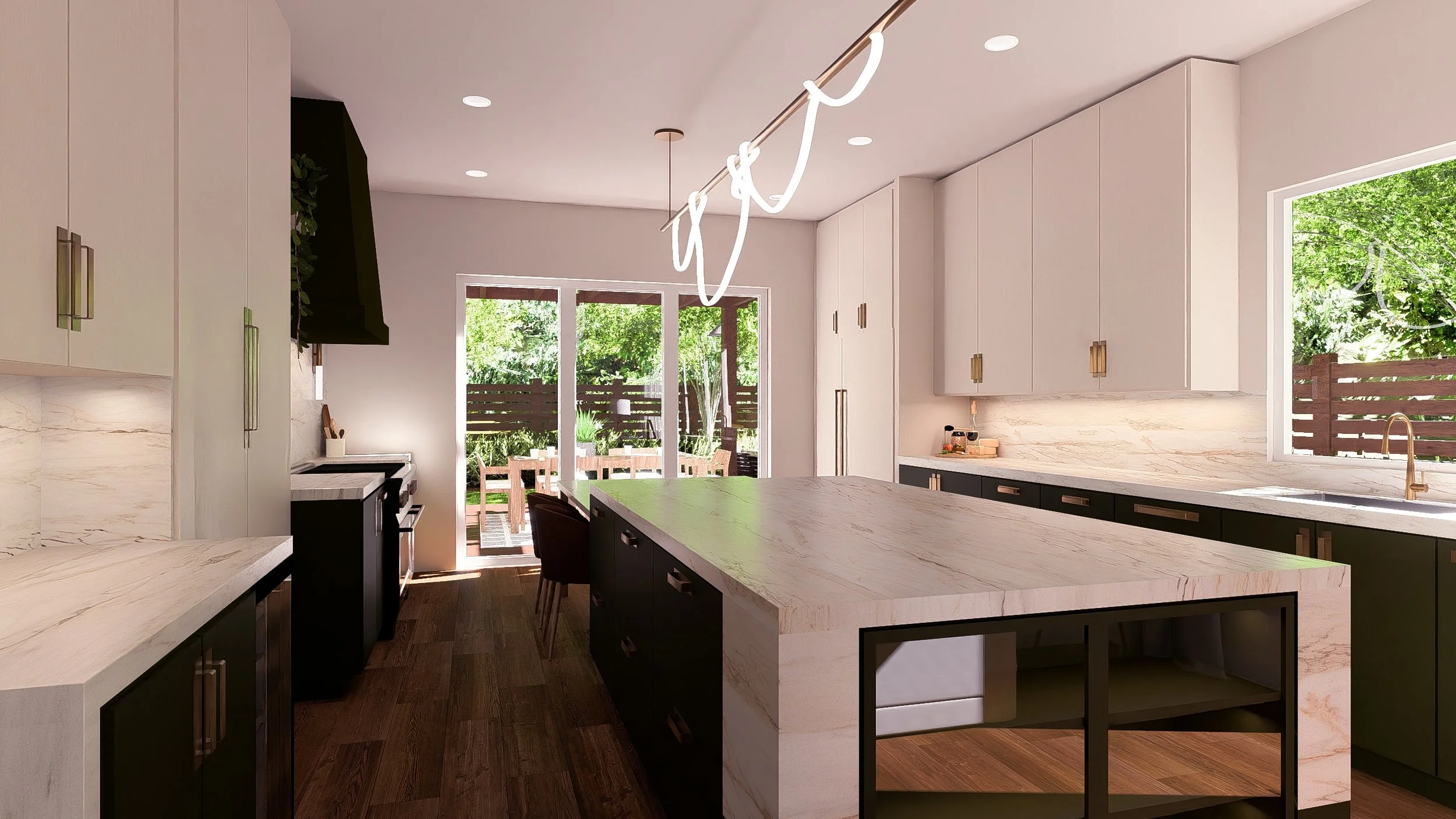 Modern kitchen with white and black cabinets, marble countertops, and a large marble island. Large windows and glass door lead to an outdoor patio with a table and chairs, surrounded by greenery.