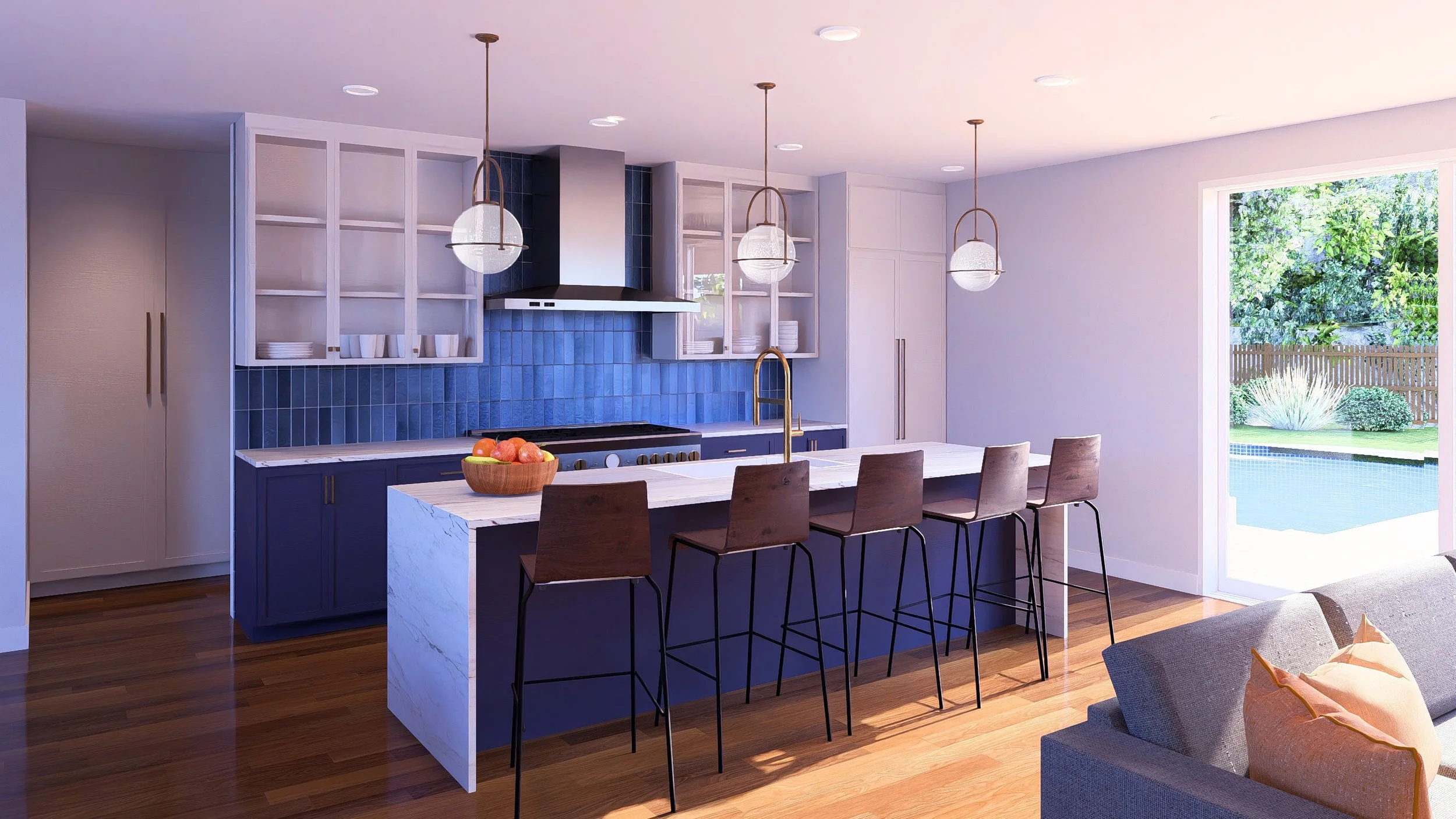 Modern kitchen with blue cabinets, a white marble island, open shelving, pendant lights, and a large window overlooking a backyard with a pool and greenery.