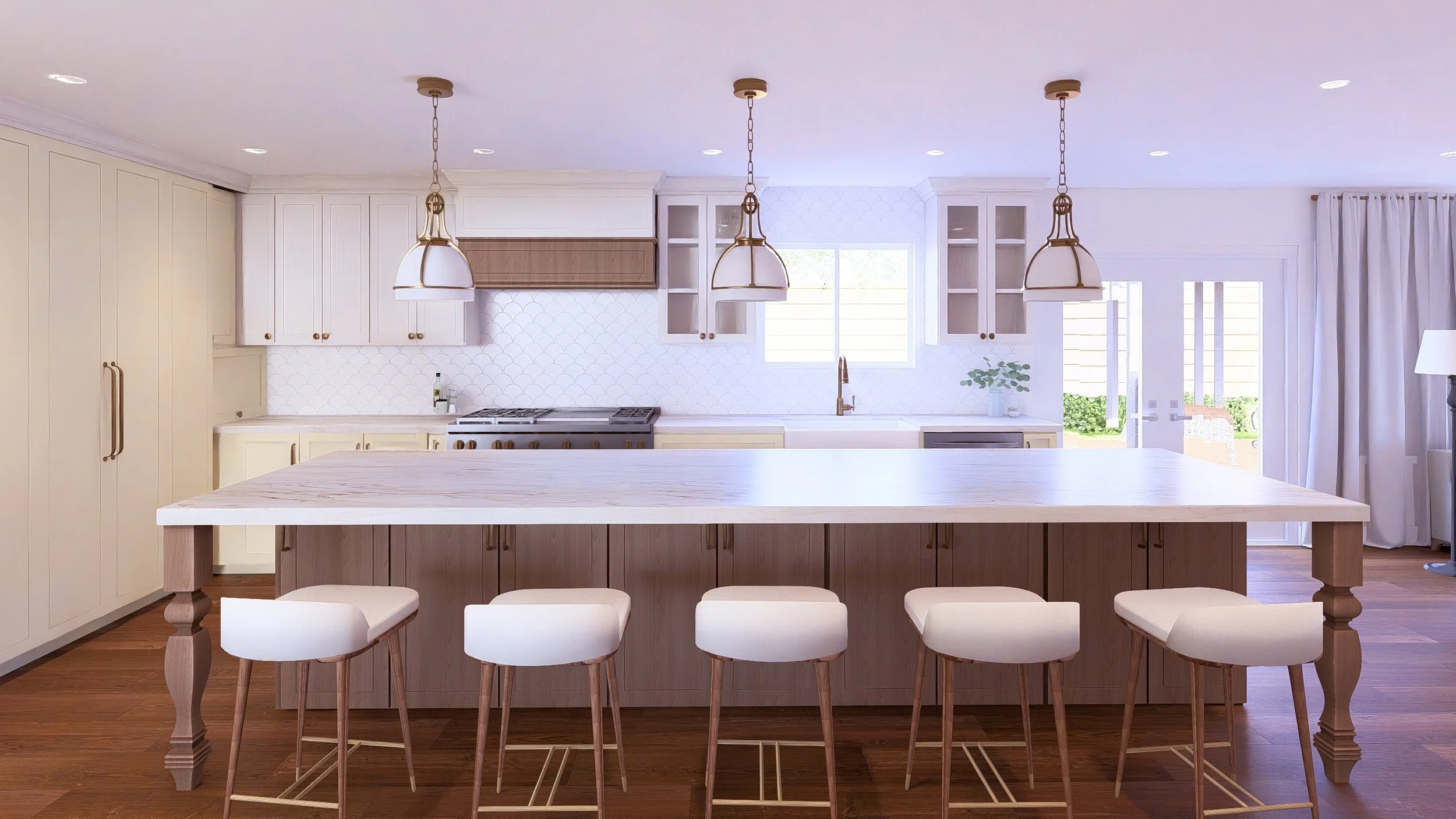 Modern kitchen with a large island, pendant lighting, white cabinetry, and hardwood floors.
