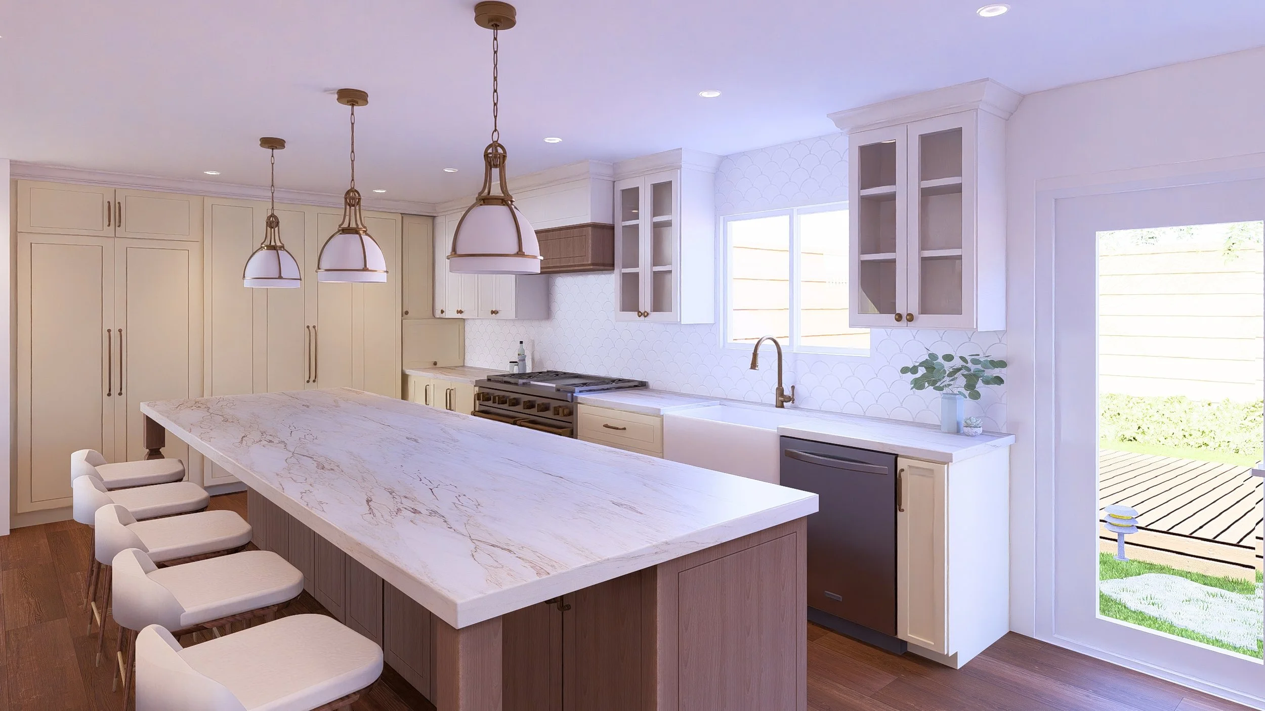 Modern kitchen with white cabinets, a large marble island, pendant lighting, a window, and a sliding glass door leading to an outdoor patio with grass and a wooden deck.