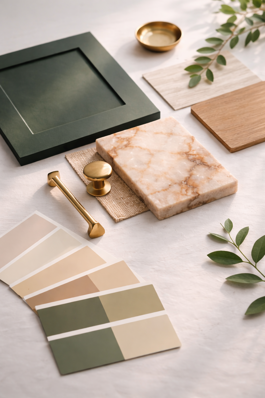 Sample color palette, marble tile, wooden samples, brass hardware, and decorative greenery on a white surface.
