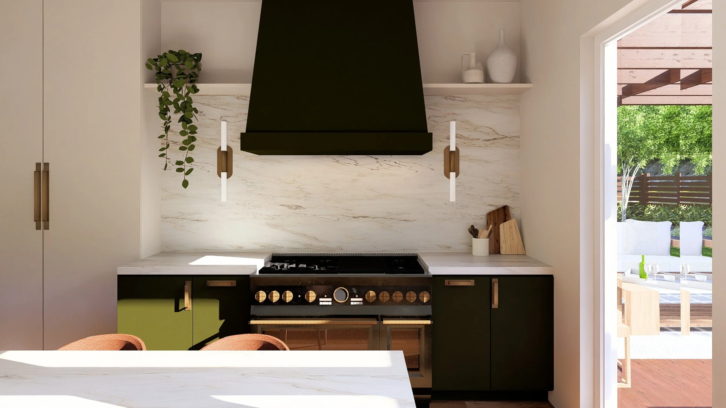 Kitchen with black range hood, black stovetop, white marble backsplash, light countertops, a small potted plant with hanging green leaves, and an open door leading to an outdoor patio with green trees and white chairs.
