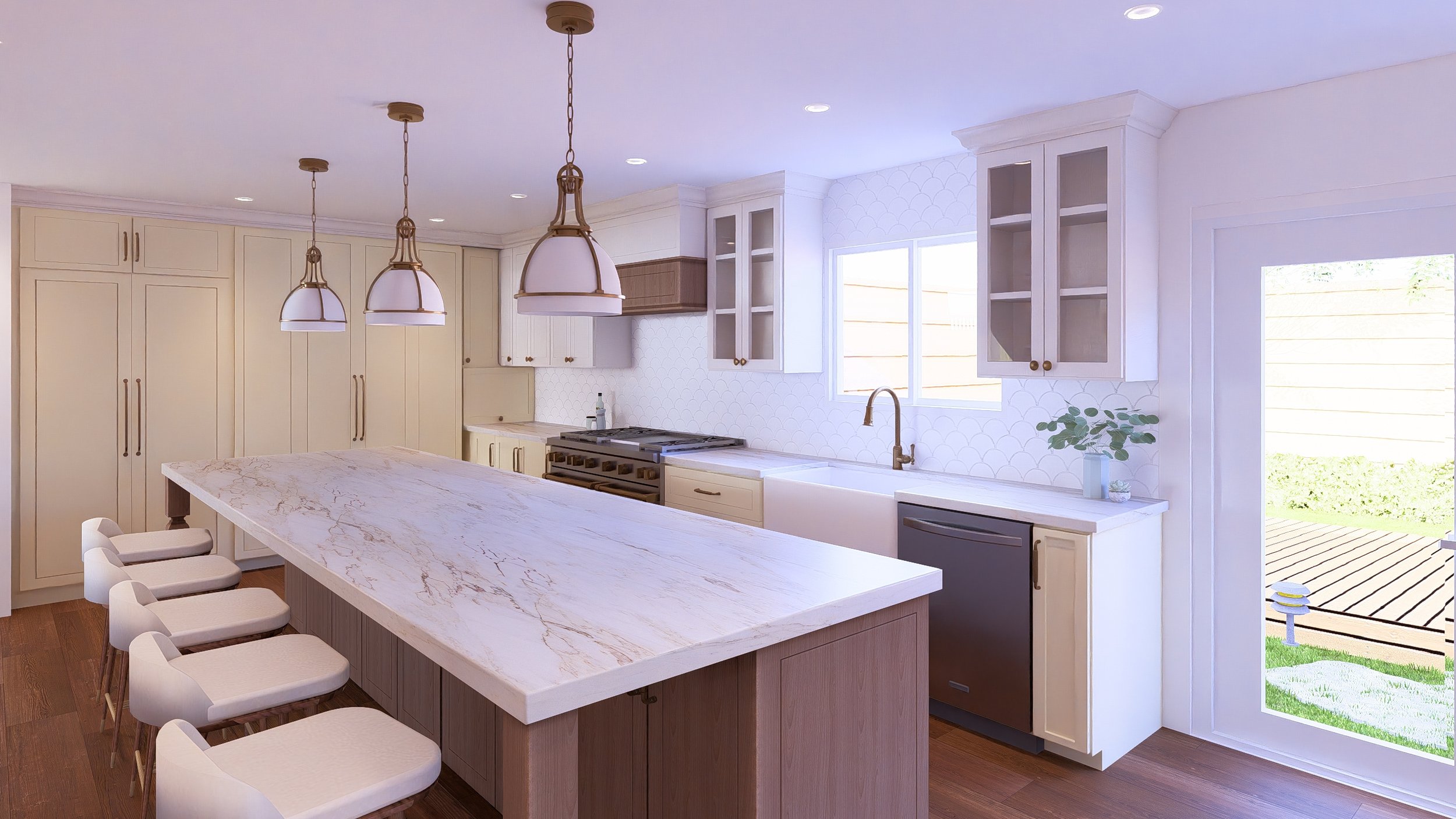 Modern Farmhouse kitchen with a large marble island, yellow white and wood cabinets, pendant lighting, a window, and a sliding glass door leading outside.