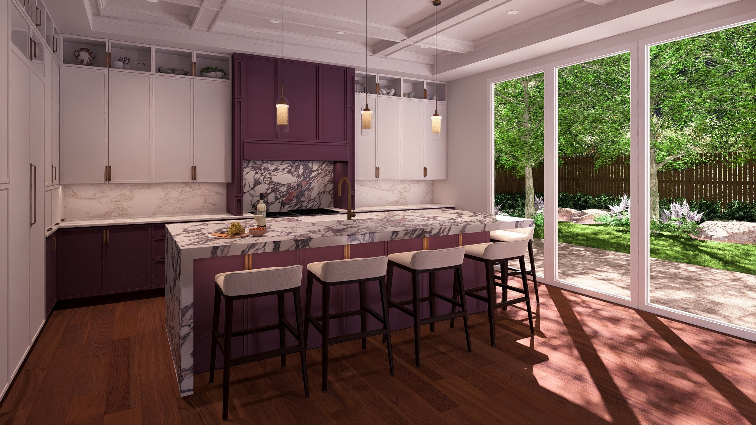 Kitchen with purple and white cabinets, marble countertops, and large glass doors overlooking a garden.