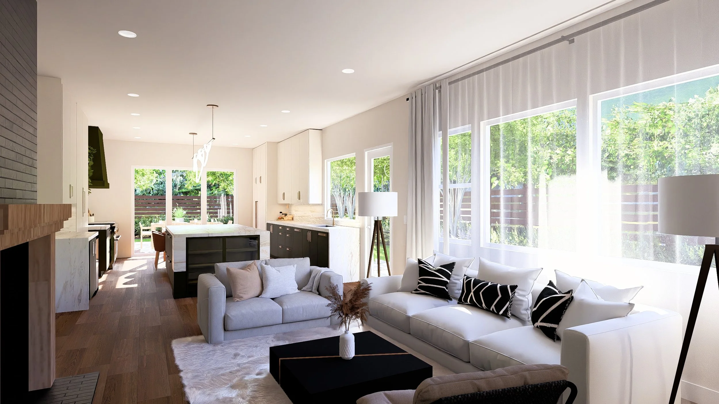 Bright, open-concept living room and kitchen with large windows, white walls, hardwood floors, white and black furniture, and modern decor.