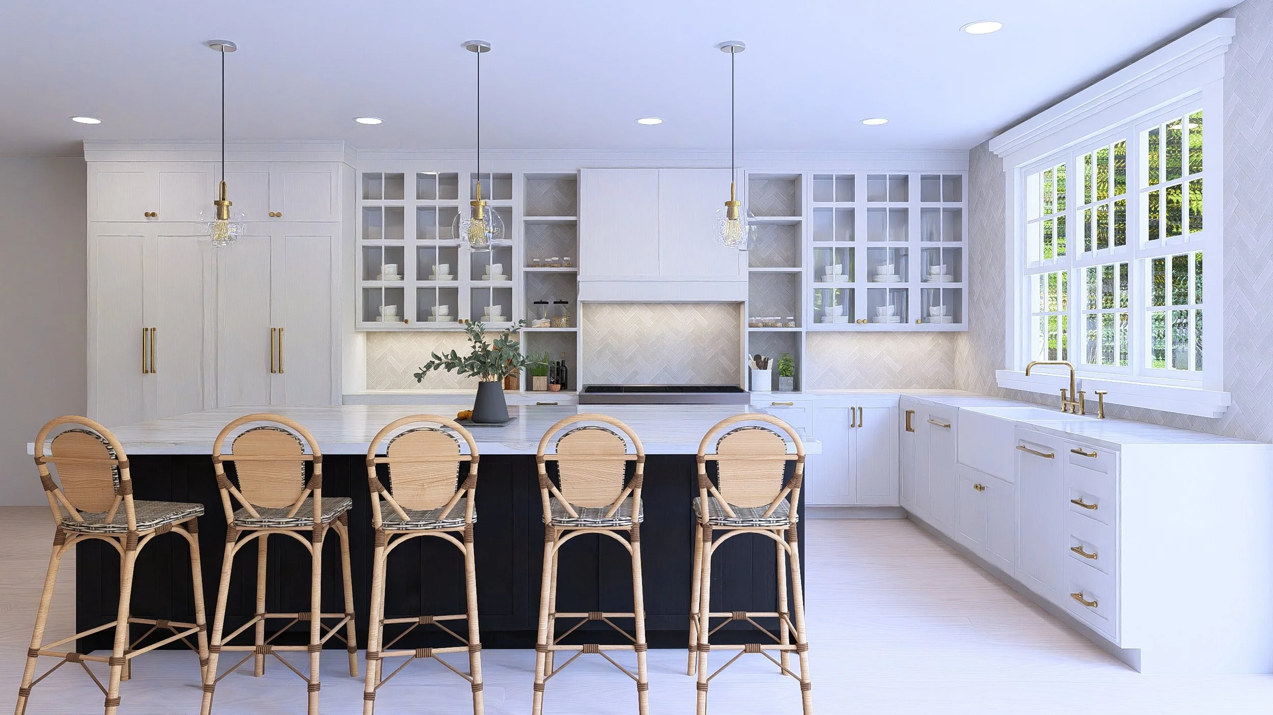 Bright, modern kitchen with white cabinets, a black island with rattan chairs, large window with white framing, and gold fixtures.