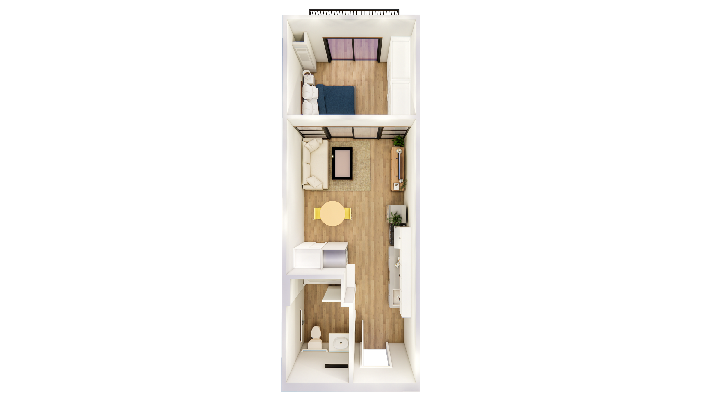 LIHTC unit rendering with open roof POV one bedroom
