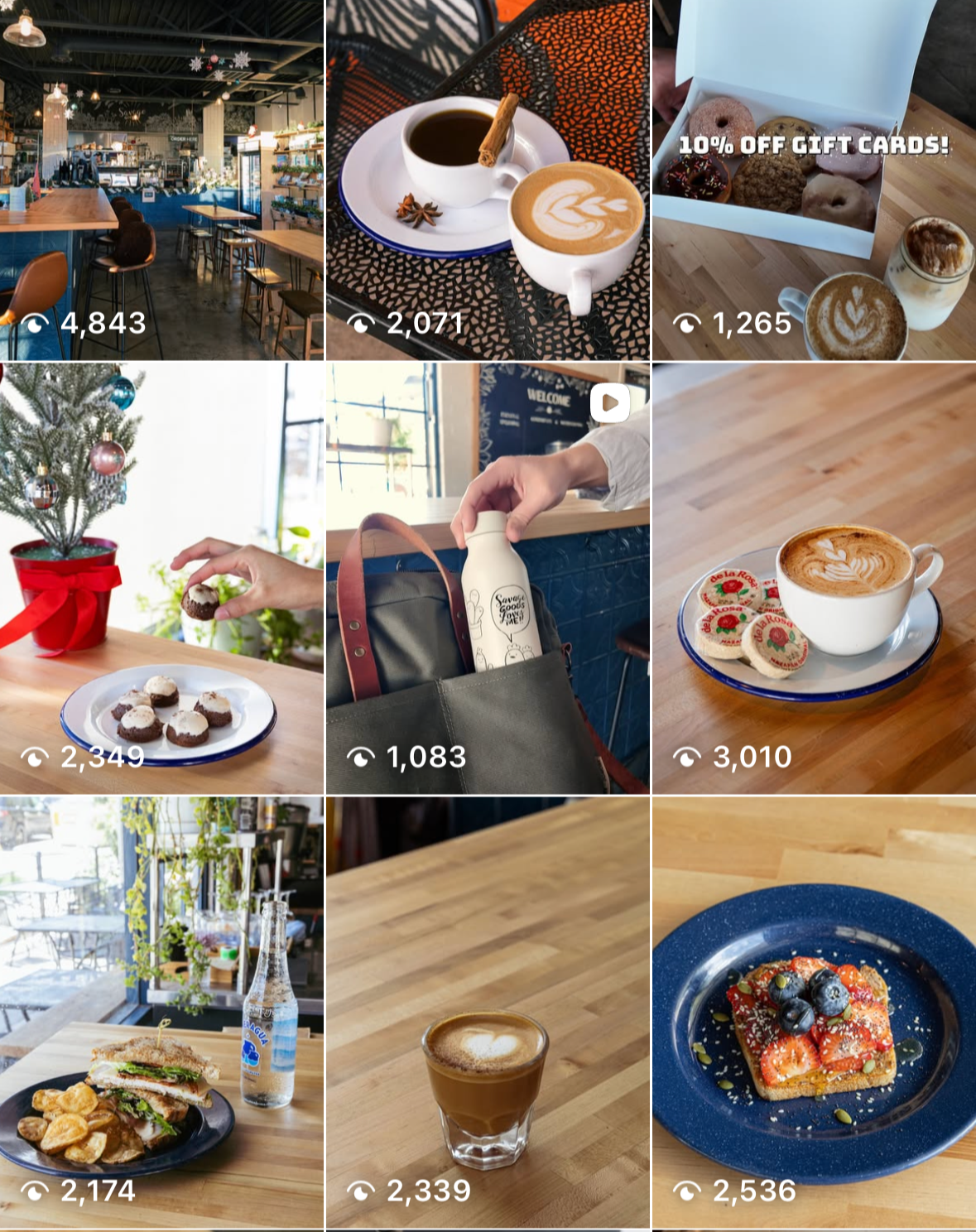 A collage of images of a coffee shop with various coffee drinks, desserts, and a meal, including holiday decorations and gift cards.