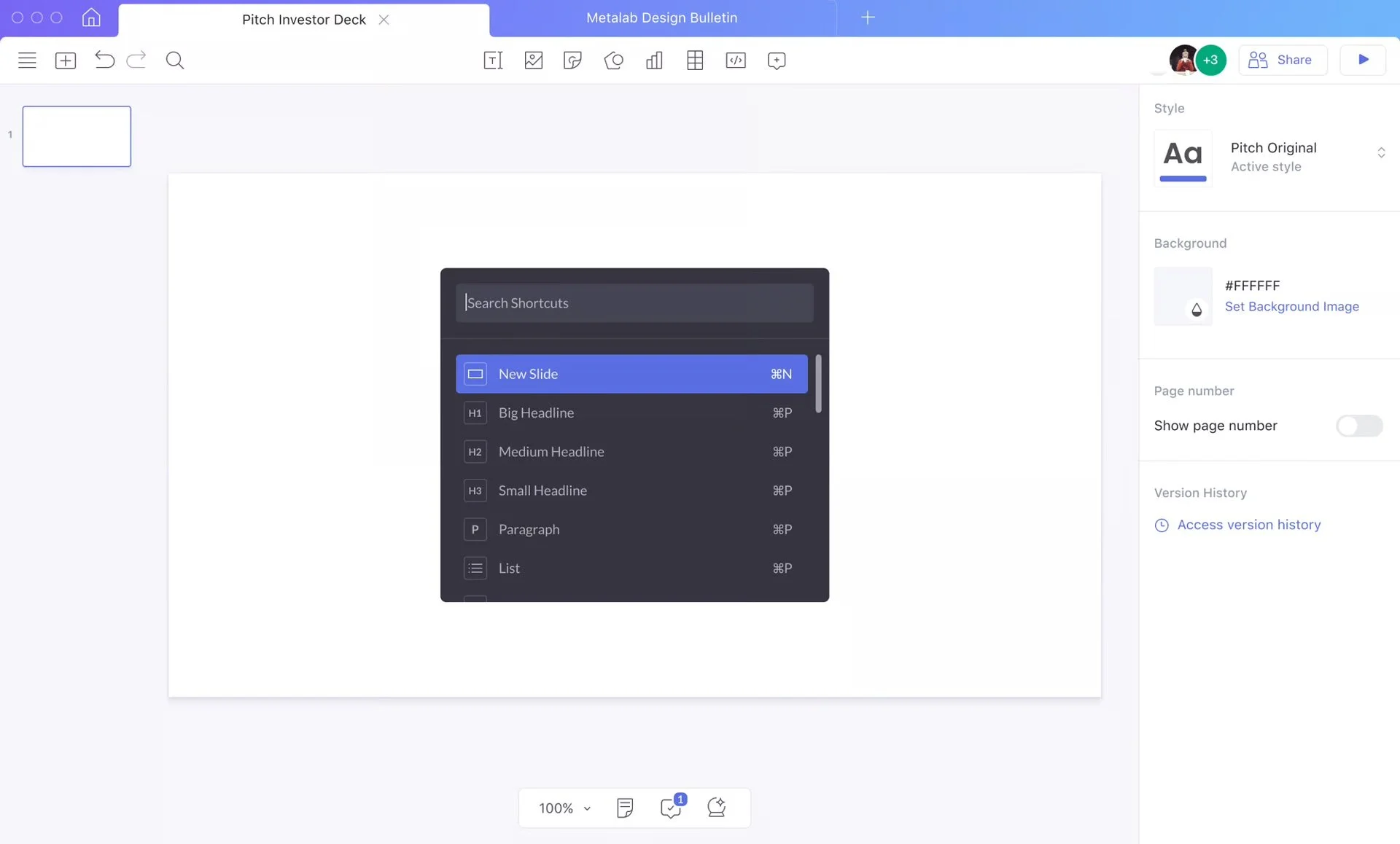 Shortcut panel in Pitch