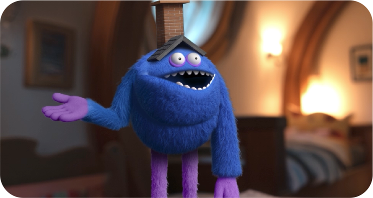Cute image of a friendly, fury blue monster character wearing a chimney hat